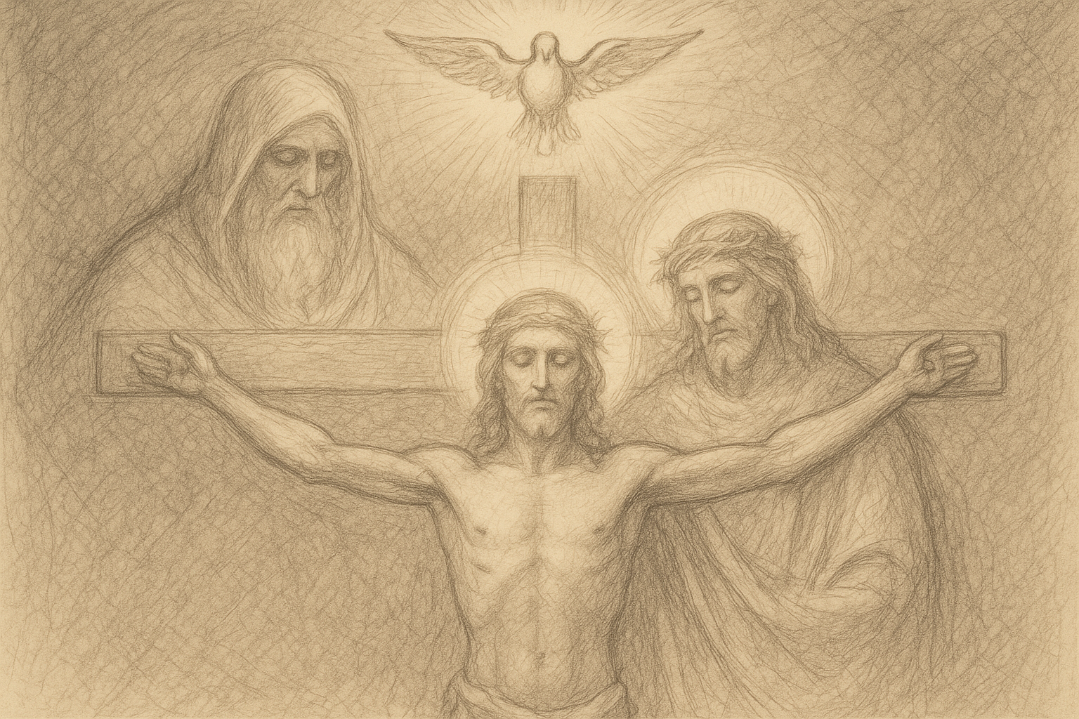 Reverent sketch-style depiction of the Holy Trinity in sacred Catholic art