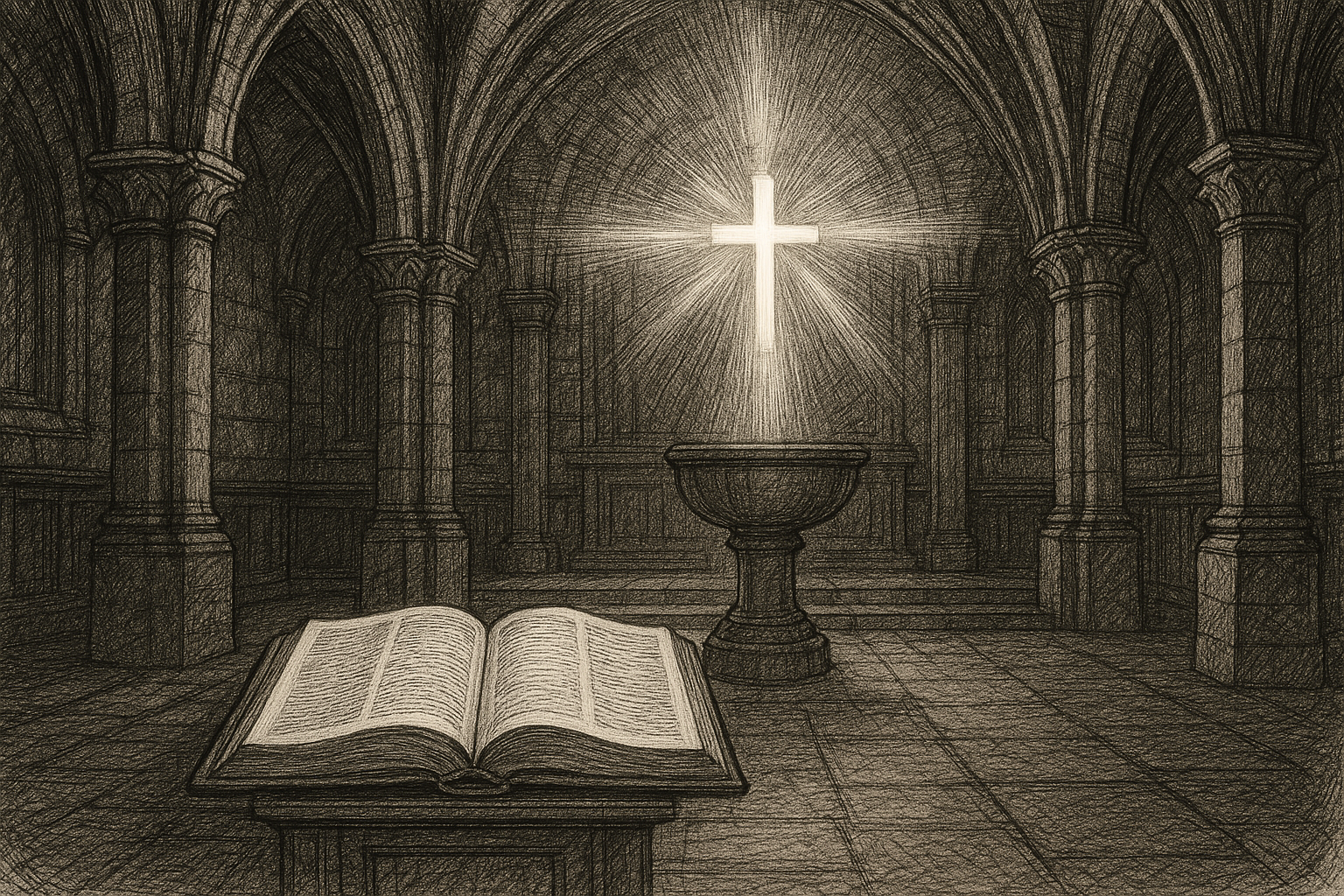 Sketch-style sacred illustration of a Bible, baptismal font, and radiant Trinitarian light in a church interior