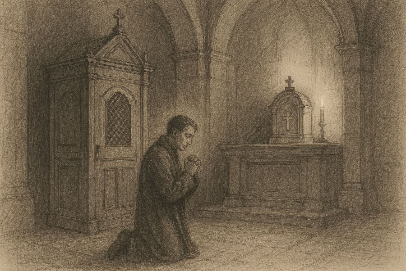 A Catholic kneeling in prayer before a confessional and tabernacle in a reverent church interior