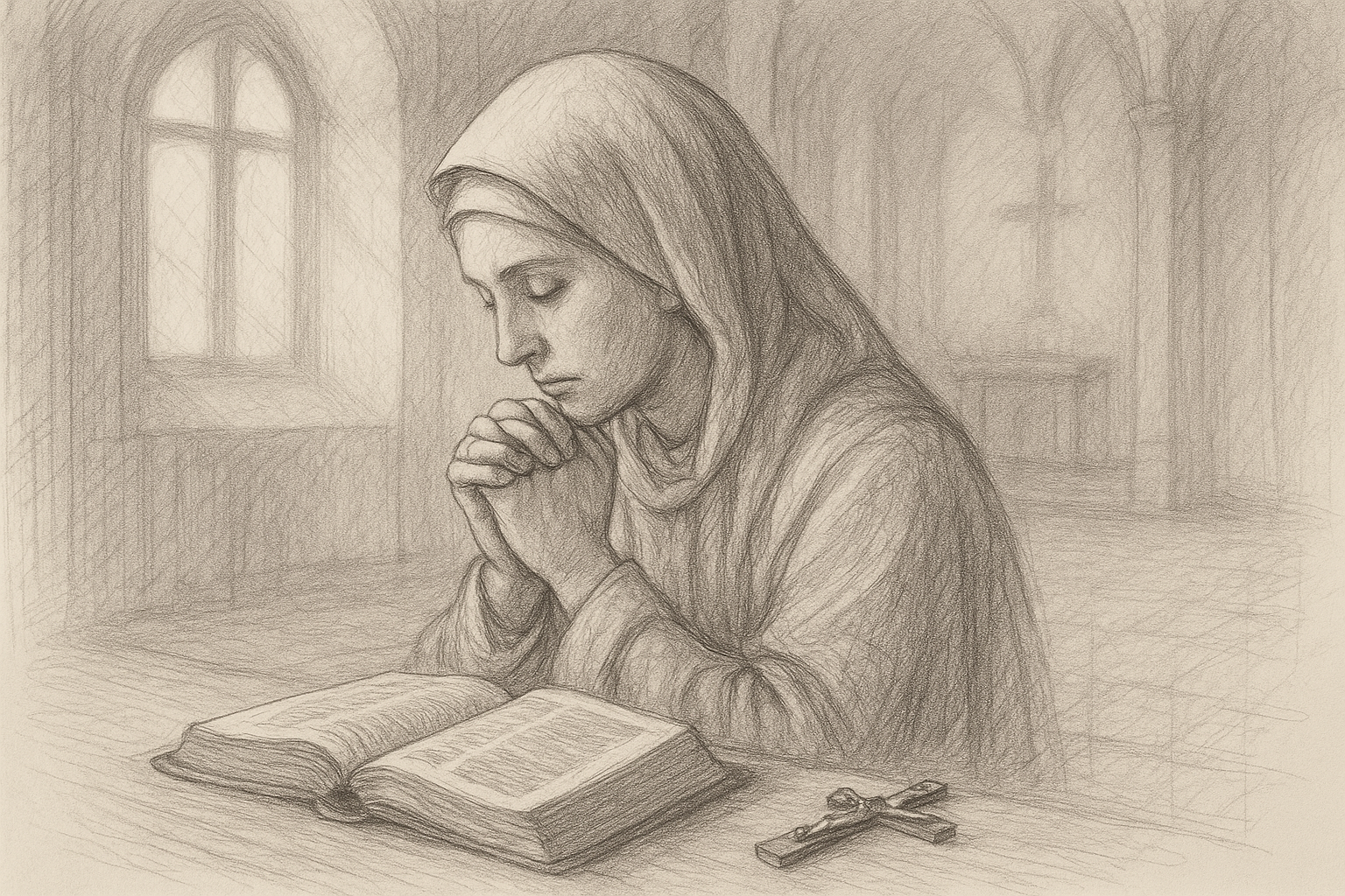 A Catholic person in prayer beside an open Bible and crucifix, reflecting on envy and grace.