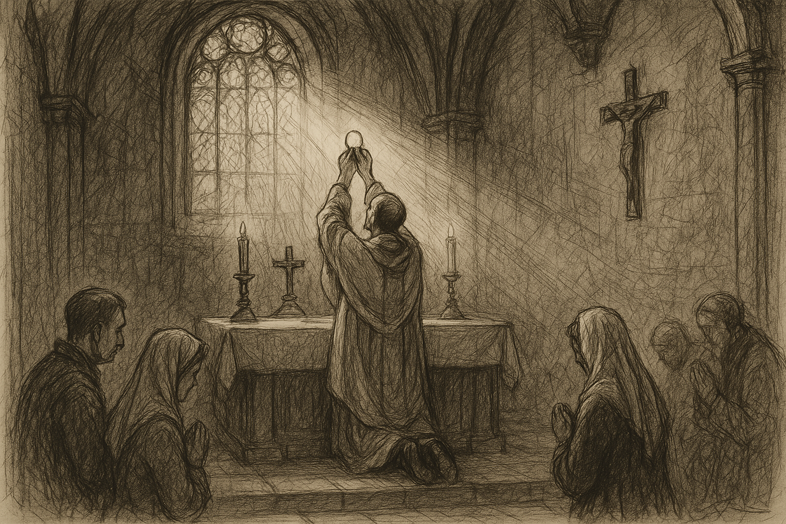 Sketch-style illustration of the Eucharist elevated at Mass in a reverent Catholic church