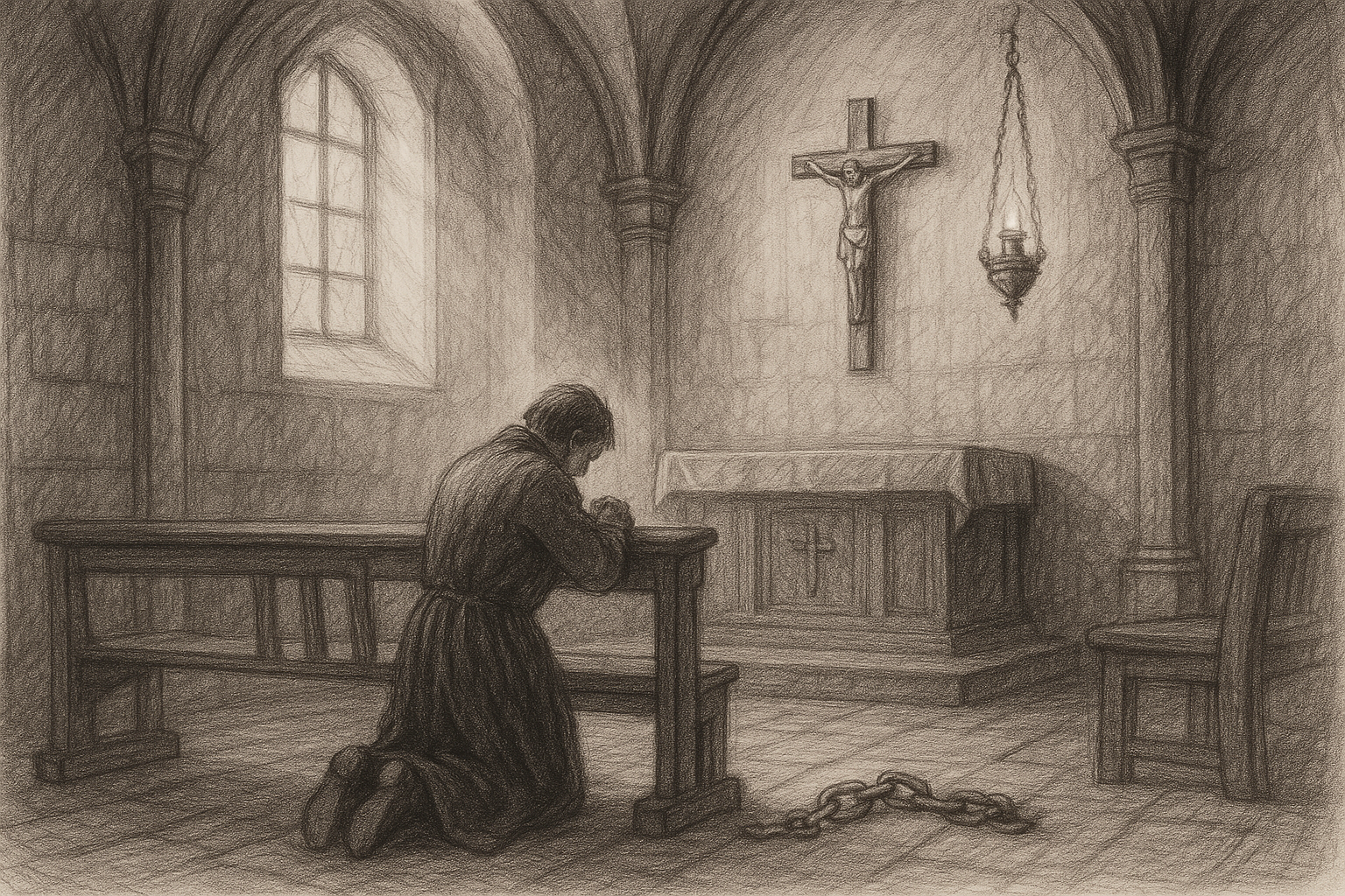 A kneeling figure in a Catholic chapel before a crucifix and sanctuary lamp, symbolizing healing and purity