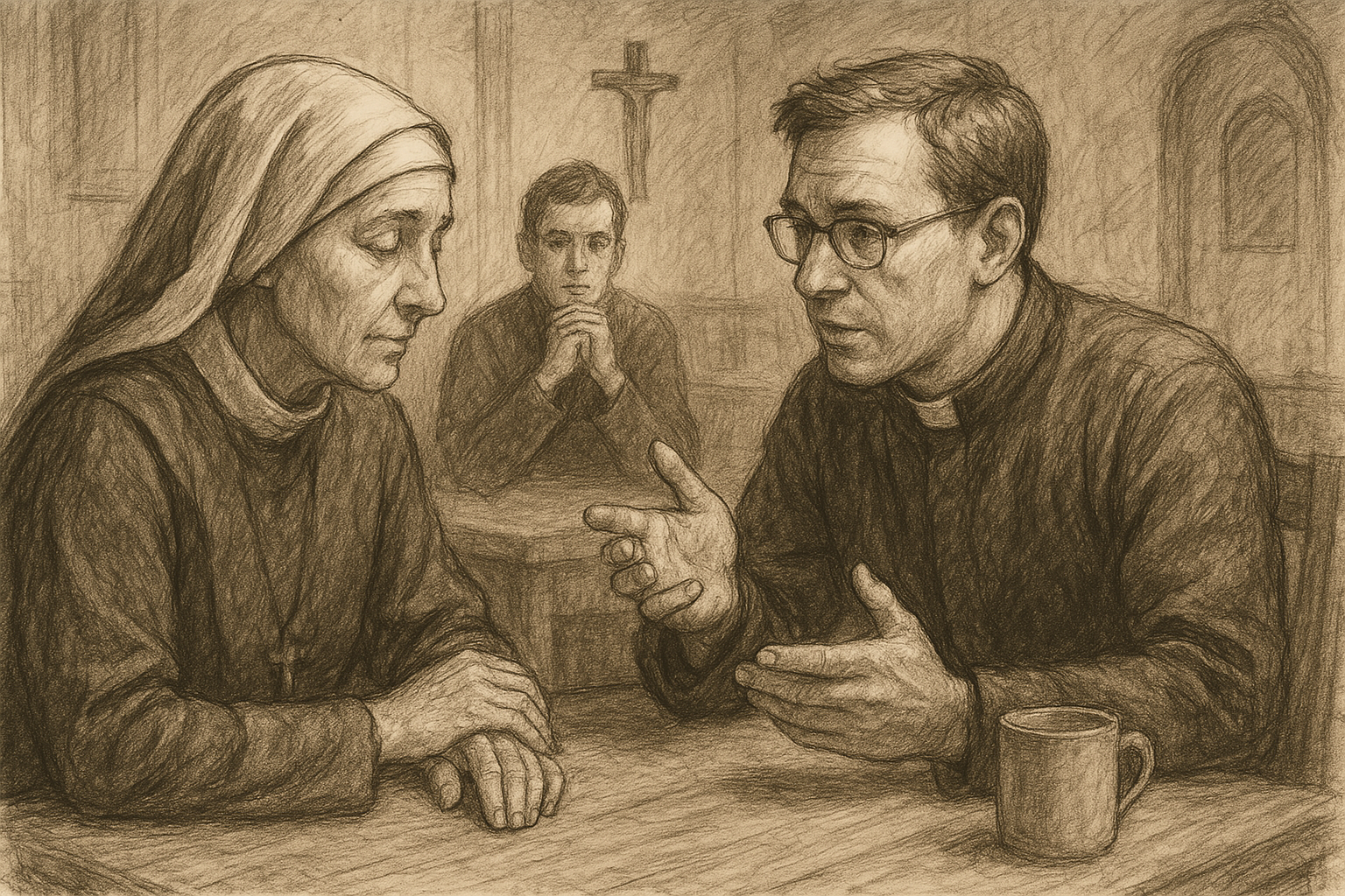 Sketch-style scene of Catholics speaking carefully in a quiet reverent setting