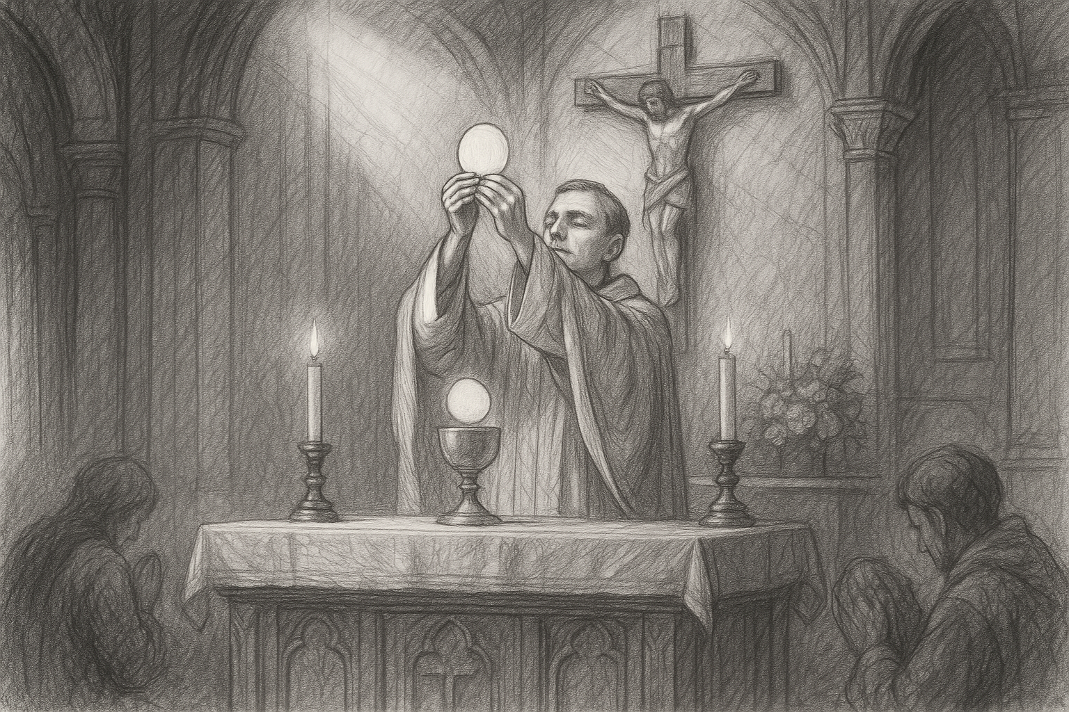 A reverent sketch of the Eucharist elevated at Mass in a Catholic church