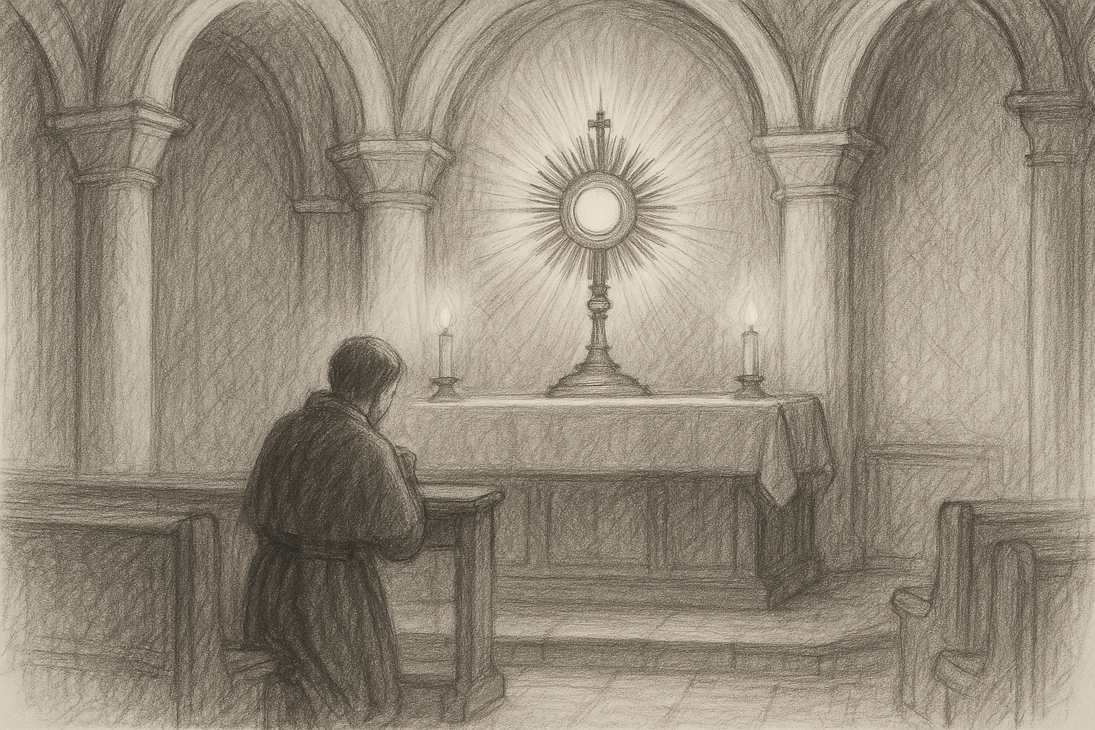 A kneeling Catholic in silent prayer before the Blessed Sacrament in a chapel