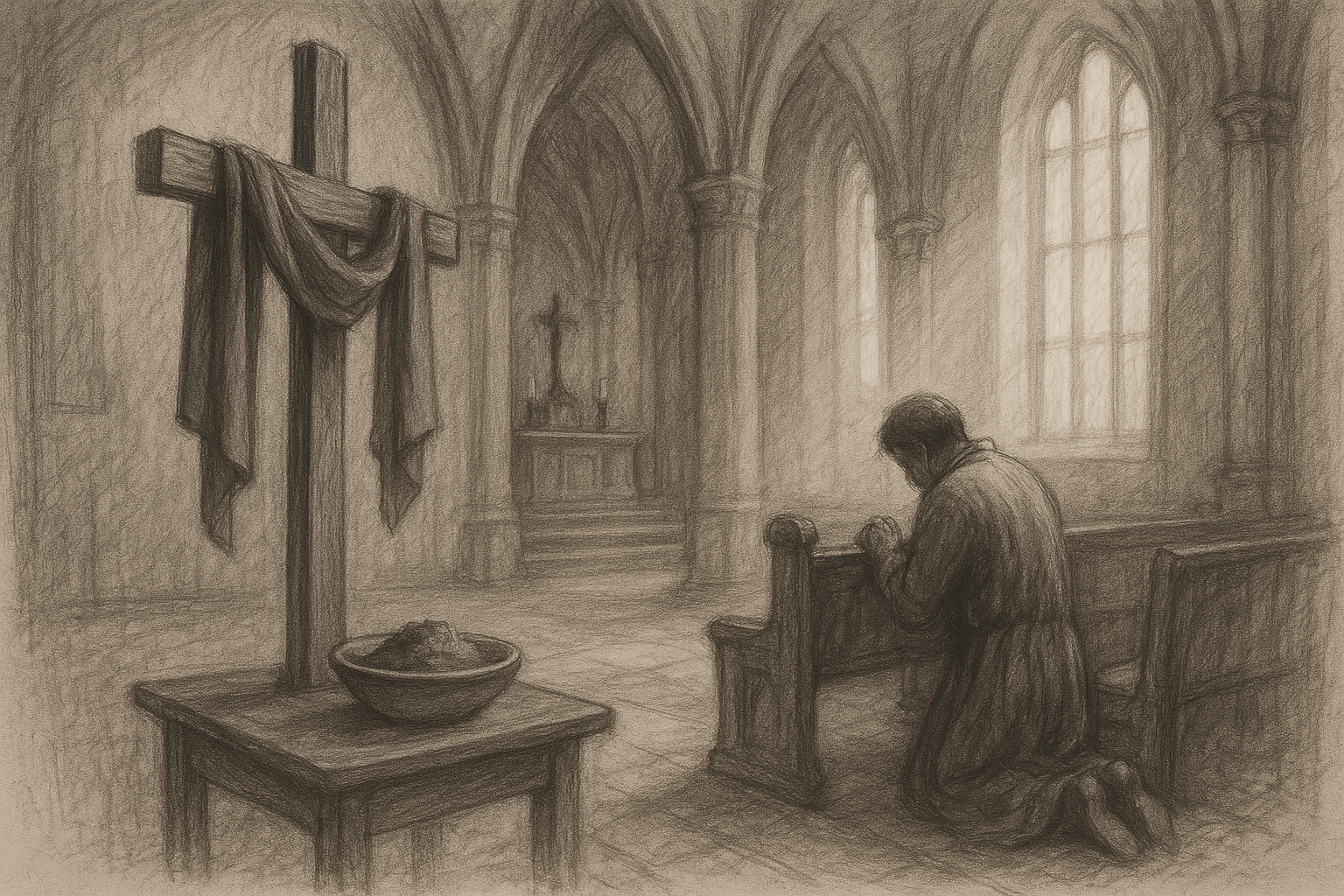 A reverent sketch of a Catholic church interior during Lent with a kneeling figure in prayer and a violet-draped cross