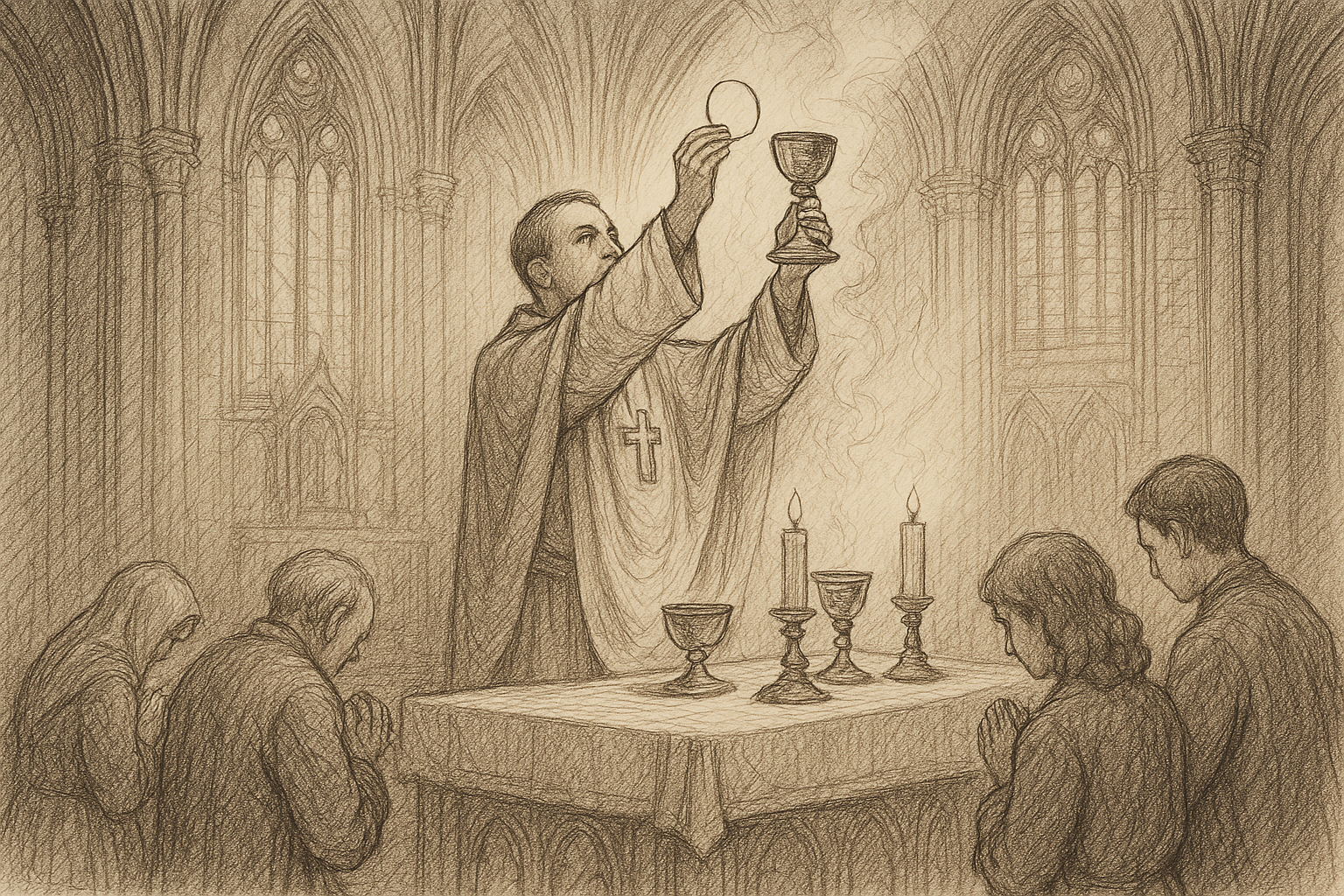A reverent sketch of the priest elevating the Eucharist at the altar during Mass