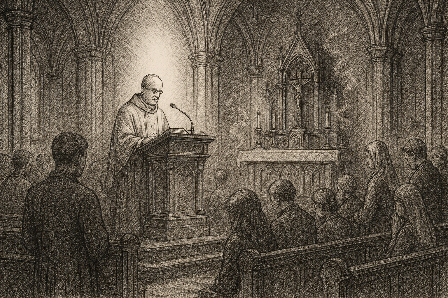 Sketch-style illustration of the Liturgy of the Word at a Catholic Mass