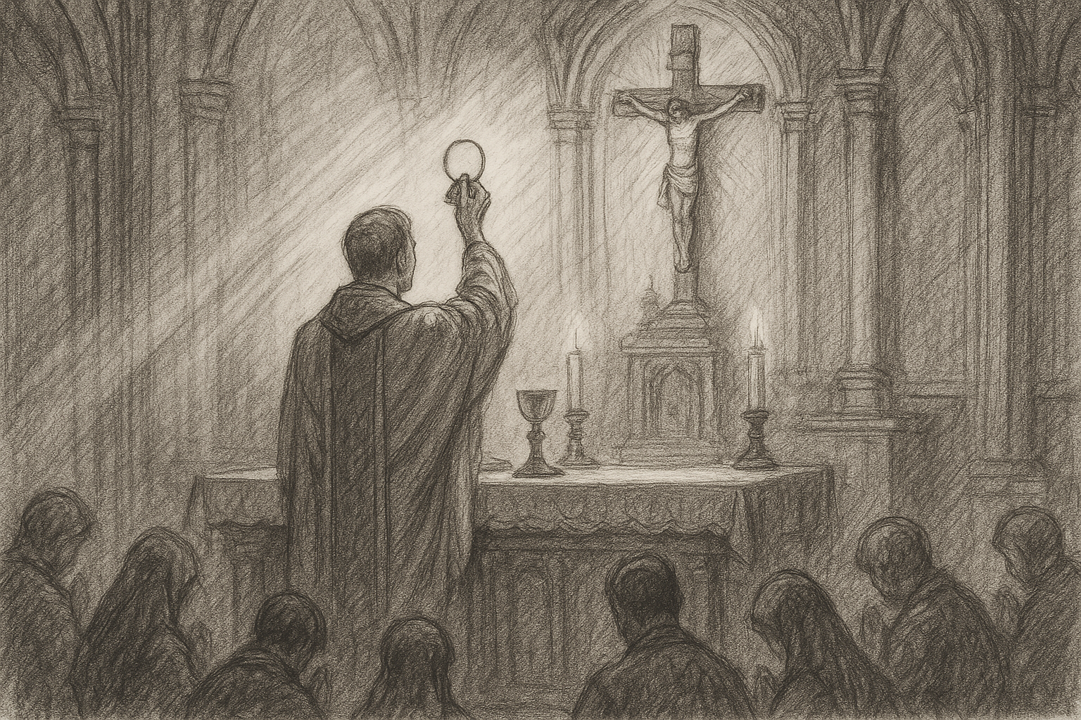 Sketch-style Catholic altar scene during the Eucharistic Prayer with the priest, host, chalice, and kneeling faithful