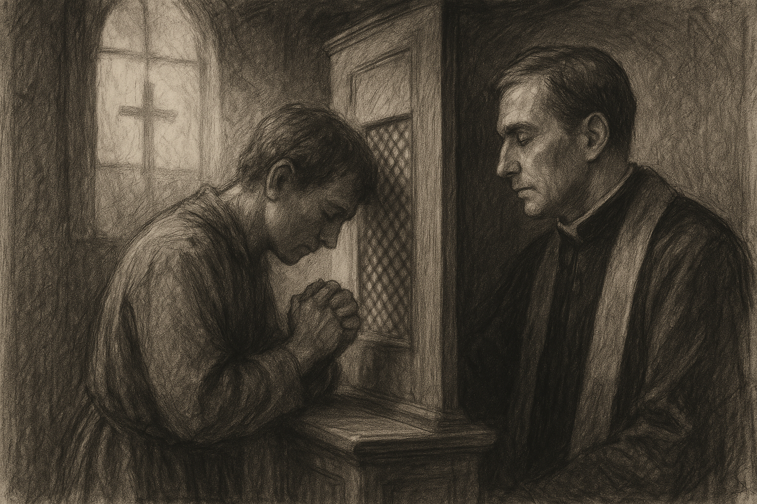 Sketch-style image of a Catholic confession in a quiet church confessional