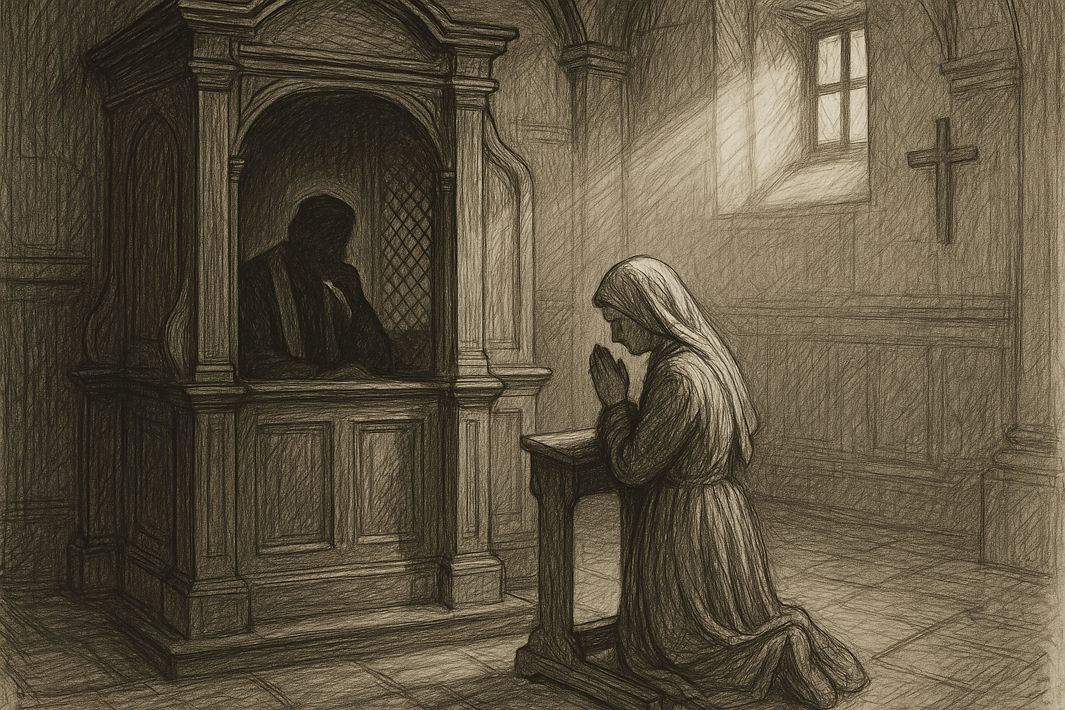 A reverent sketch of a penitent kneeling in a Catholic confessional while a priest listens in prayerful silence