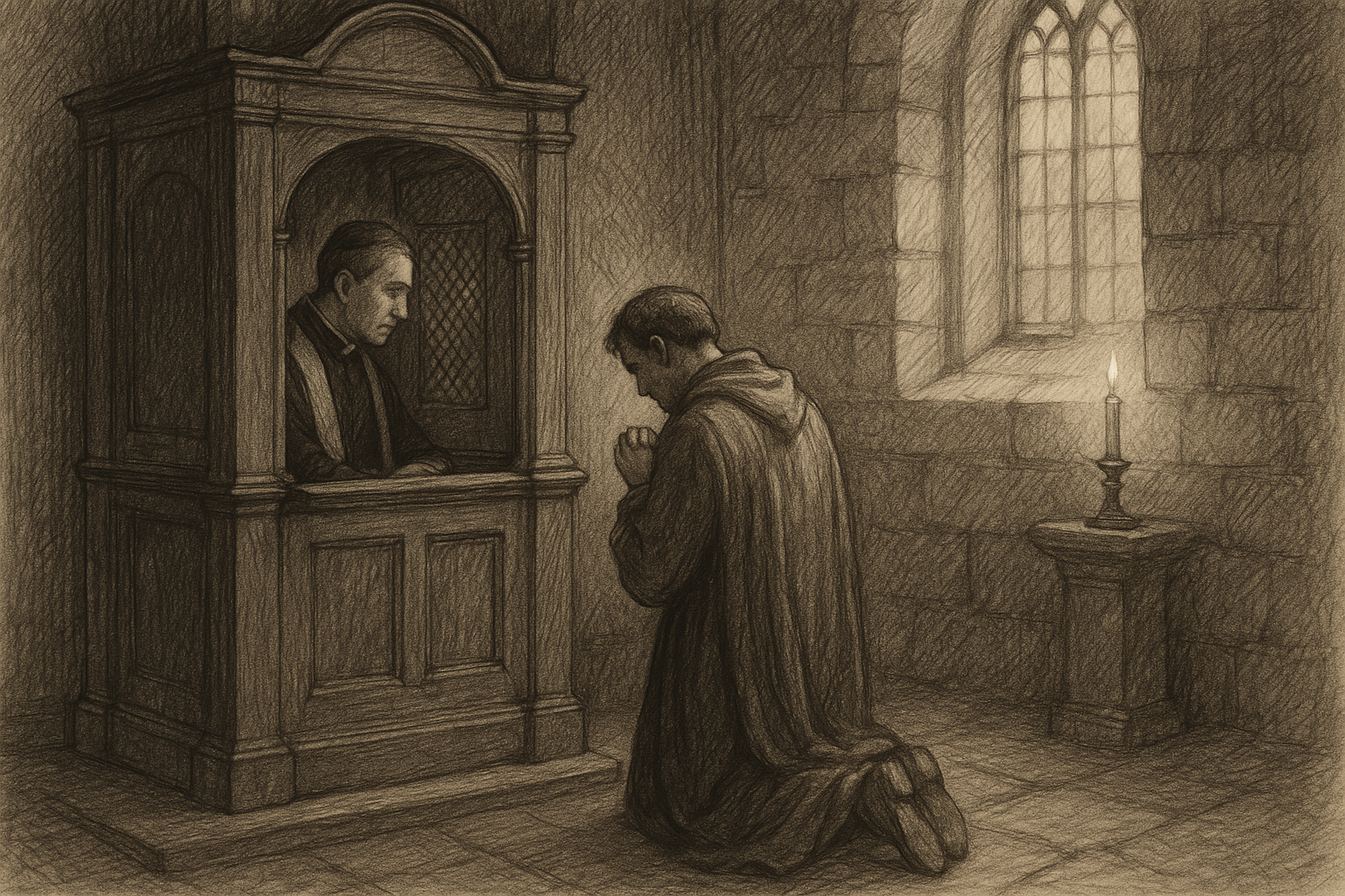 A penitent kneeling in a Catholic confessional with soft church light and a reverent atmosphere