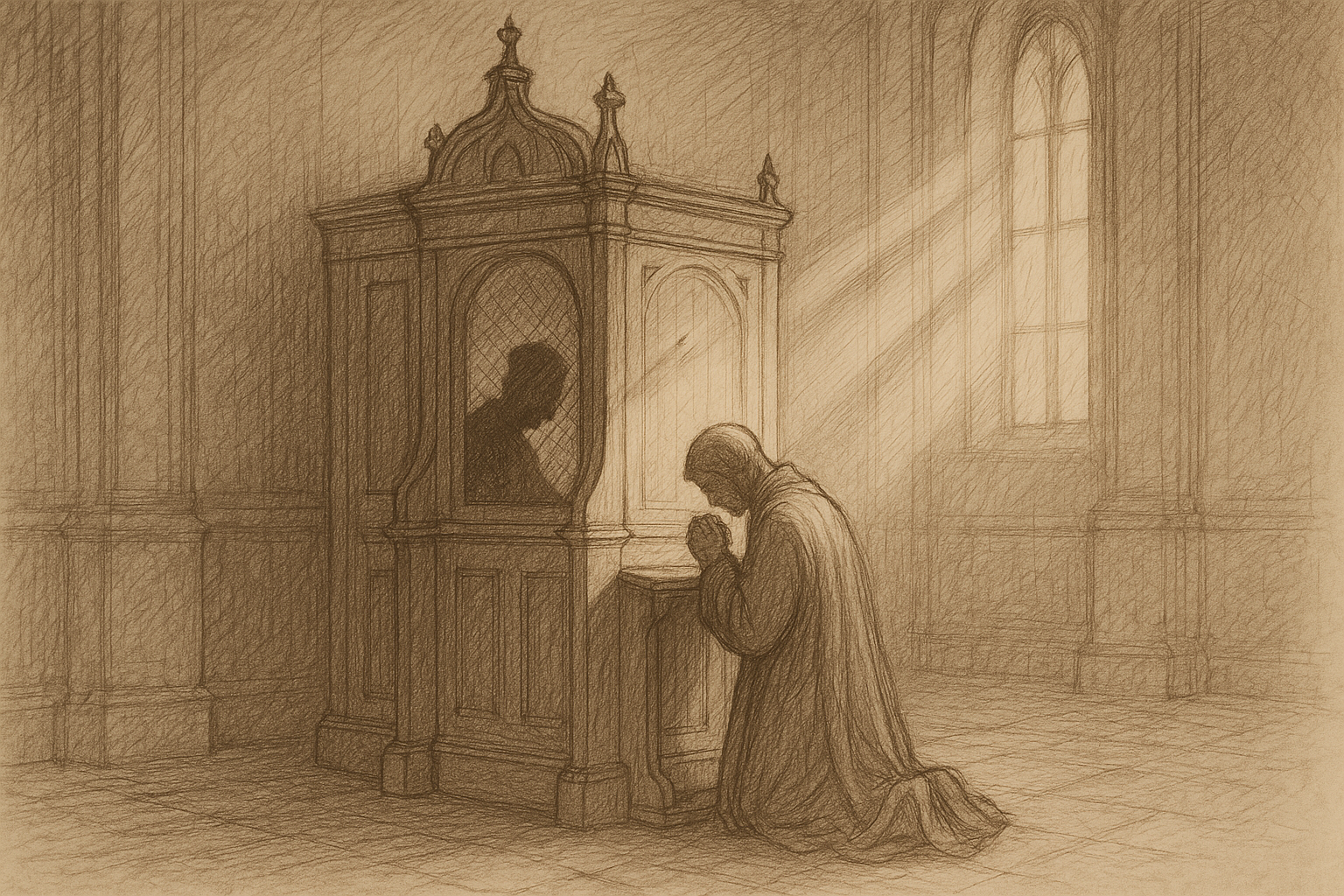 A reverent sketch of a Catholic penitent kneeling in the confessional with soft light suggesting God's mercy