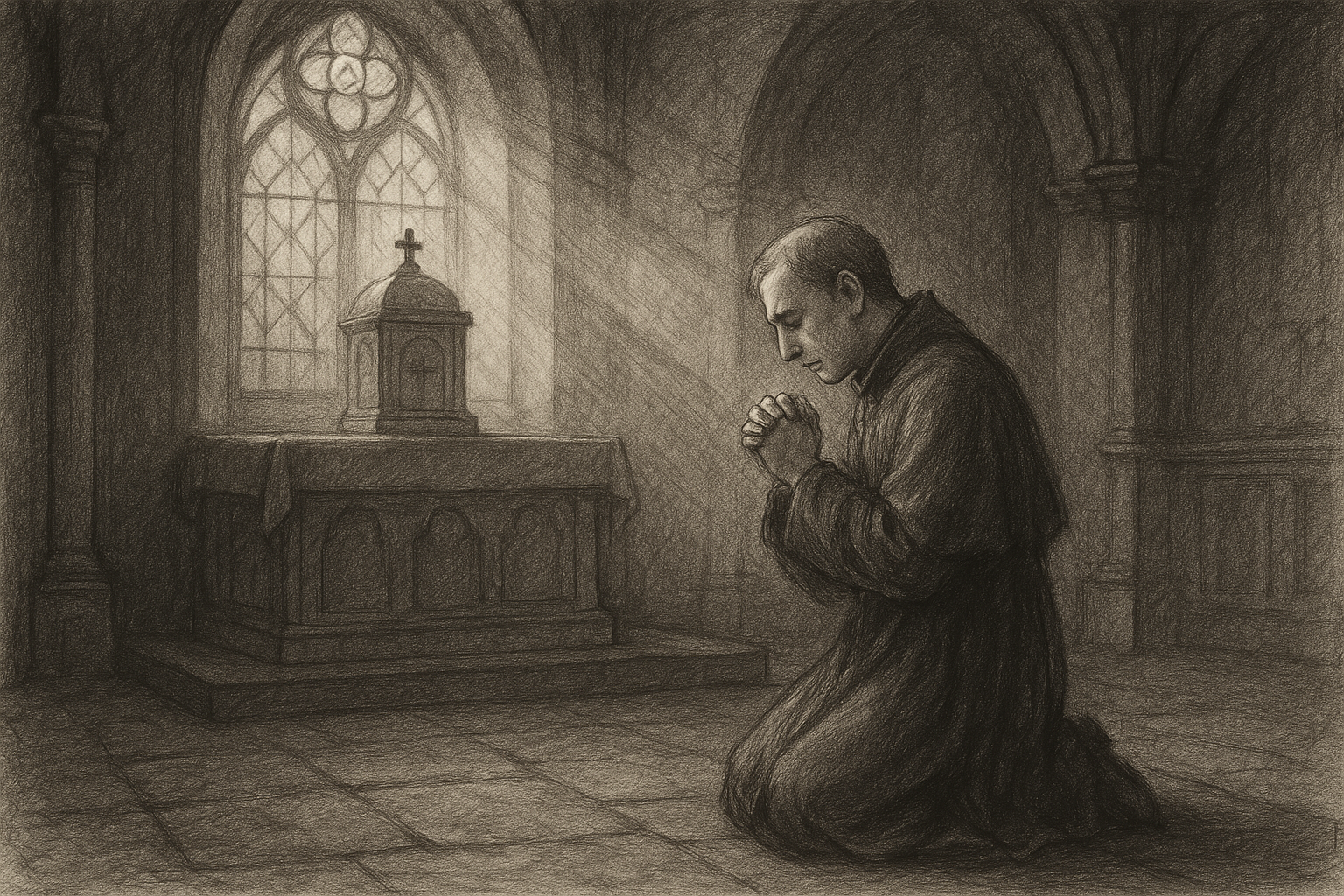 A kneeling Catholic in a dim chapel, lit by soft sacred light, symbolizing hope amid despair