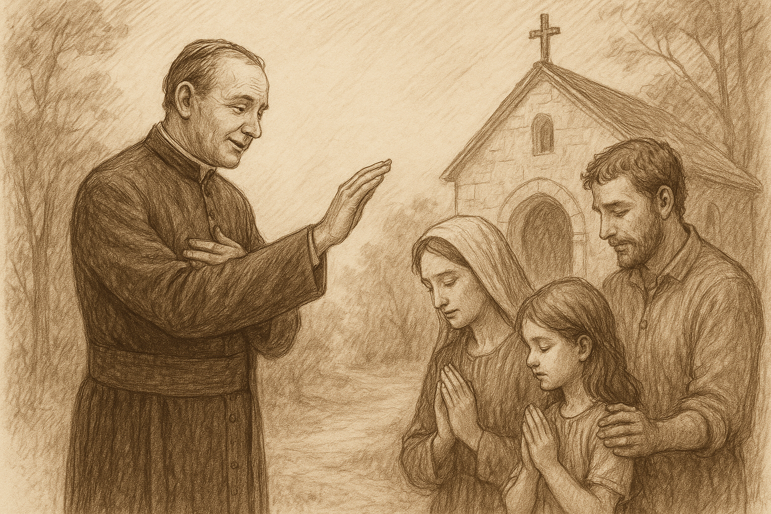 Sketch-style image of a Catholic priest warmly greeting and blessing a family outside a parish church