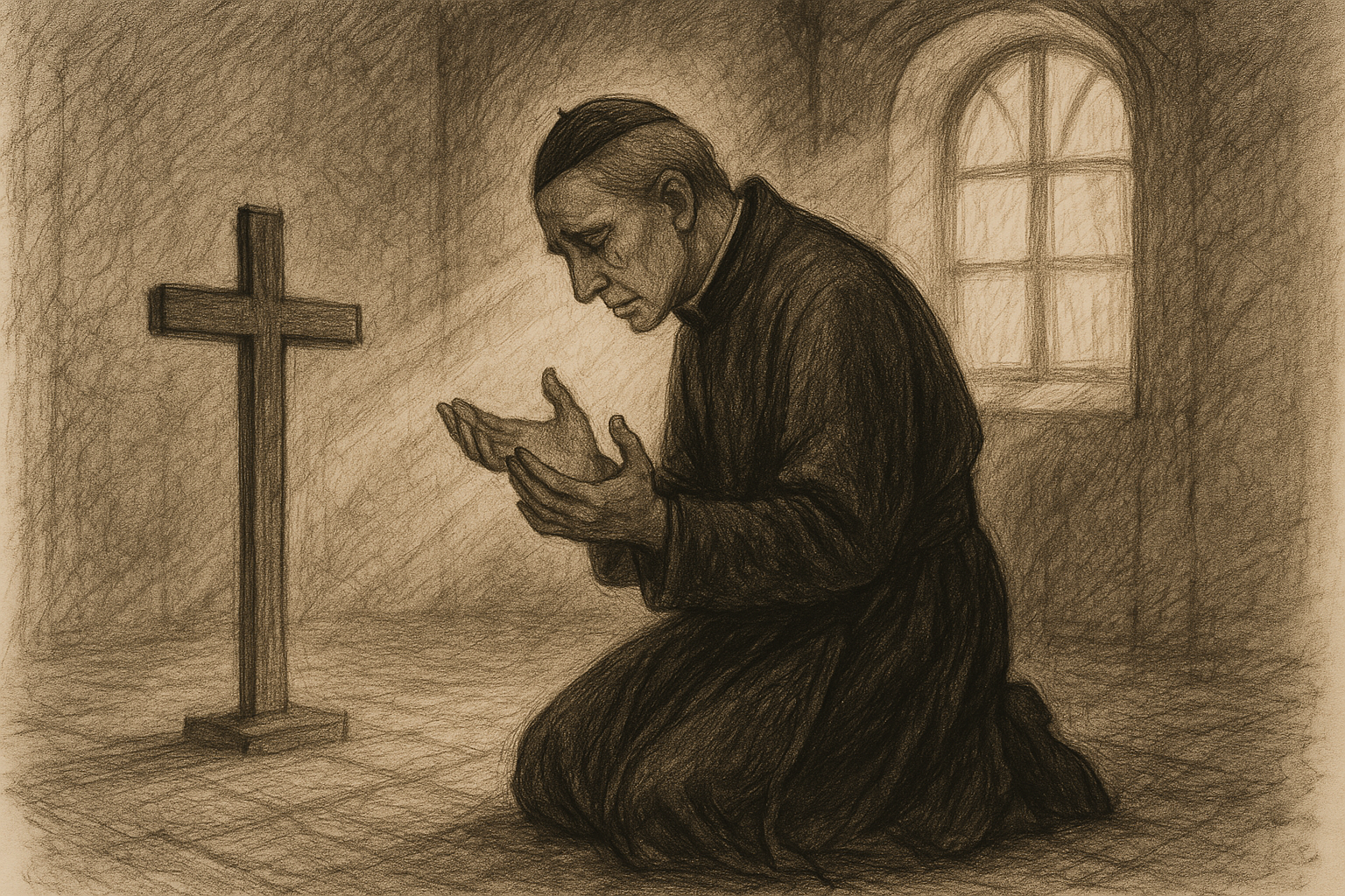 A reverent sketch of a person praying beside a cross in a chapel