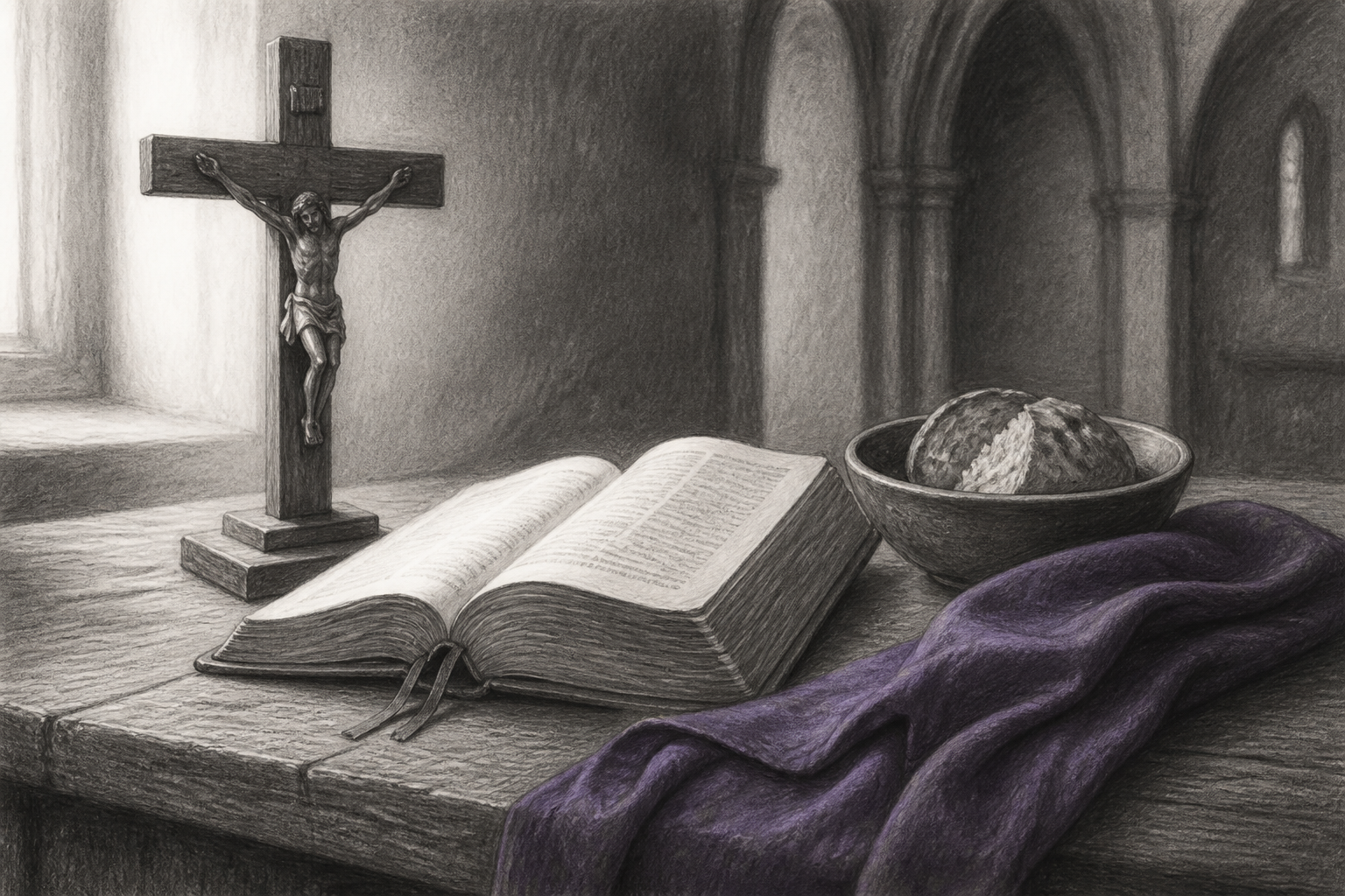 Pencil sketch of a Bible, crucifix, bread, and violet cloth arranged for Lenten prayer and fasting