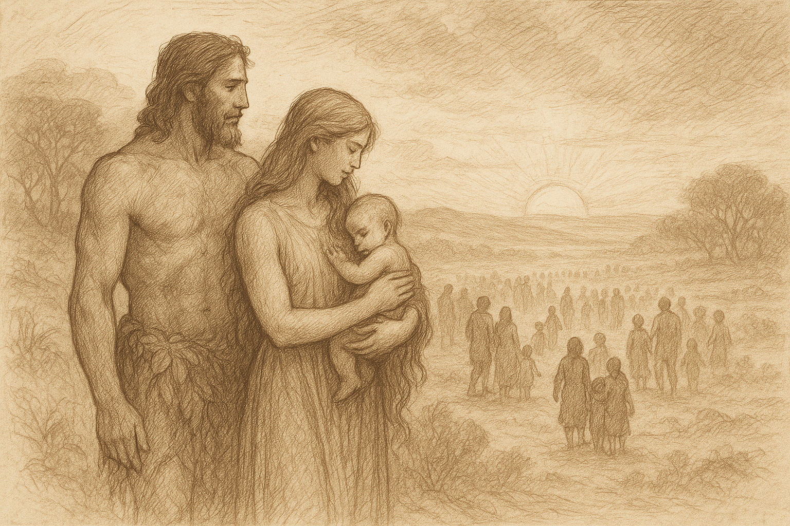 Reverent sketch of Adam and Eve as the first human family in Eden