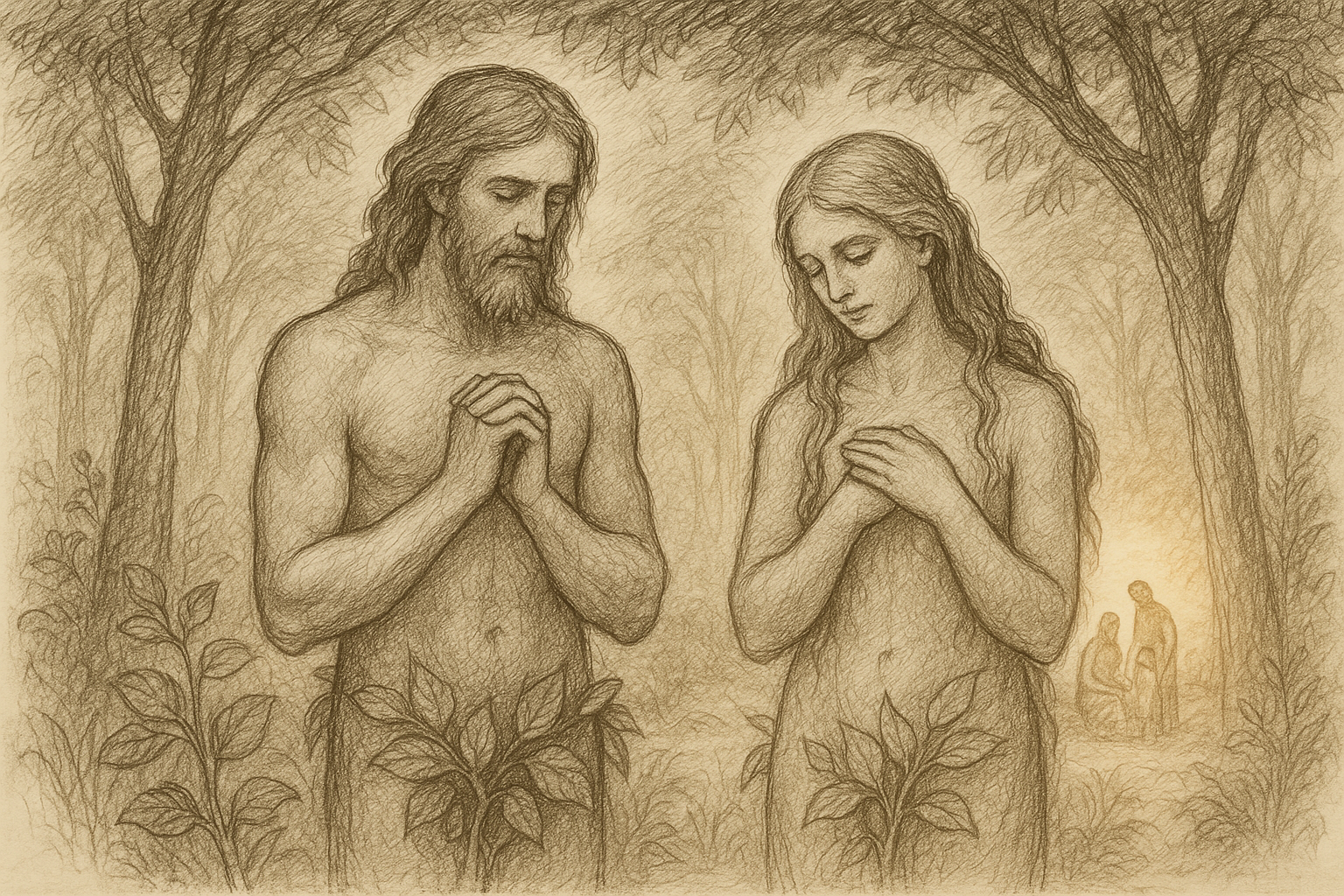 Sketch-style illustration of Adam and Eve in Eden with a reverent biblical atmosphere