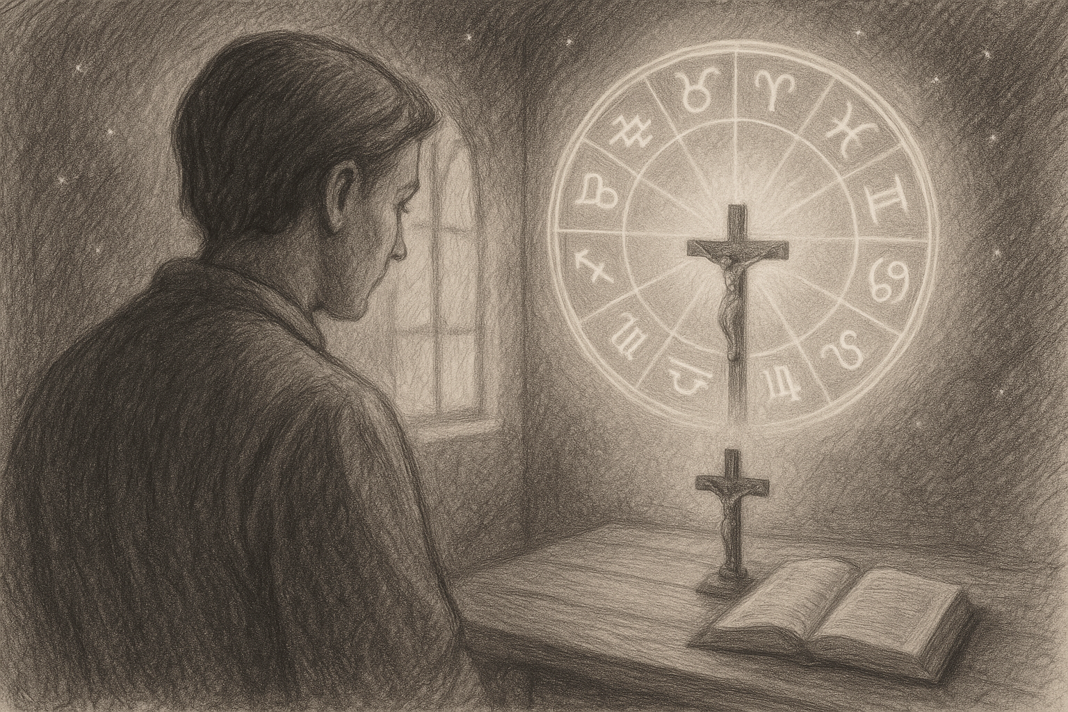 Sketch-style image of a person turning from a horoscope symbol toward a crucifix and Bible in prayerful light