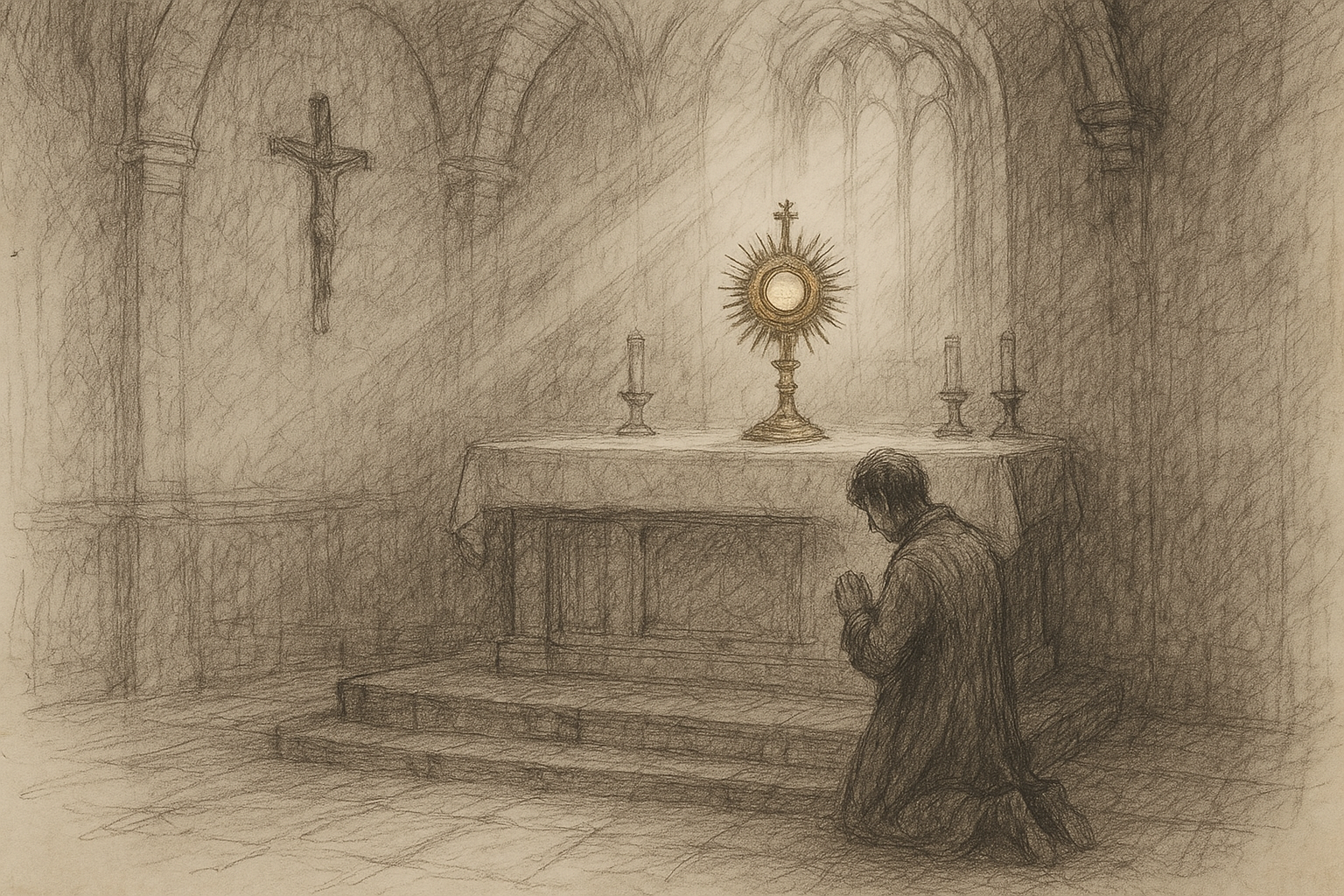 A reverent sketch of a Catholic kneeling in adoration before the Blessed Sacrament in a chapel