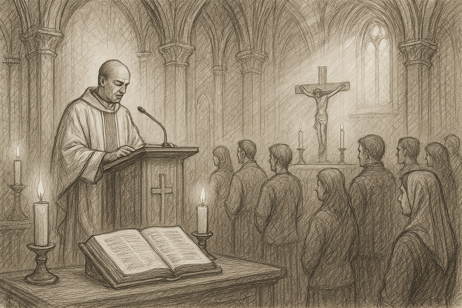 Sketch-style scene of the Liturgy of the Word at Catholic Mass with the Gospel being proclaimed