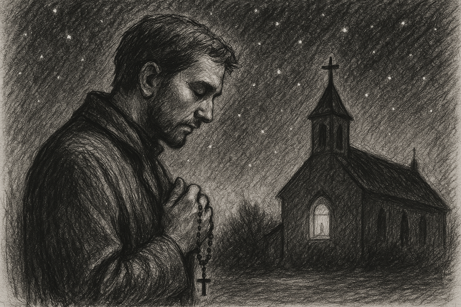 A Catholic believer praying beneath a starry sky near a church