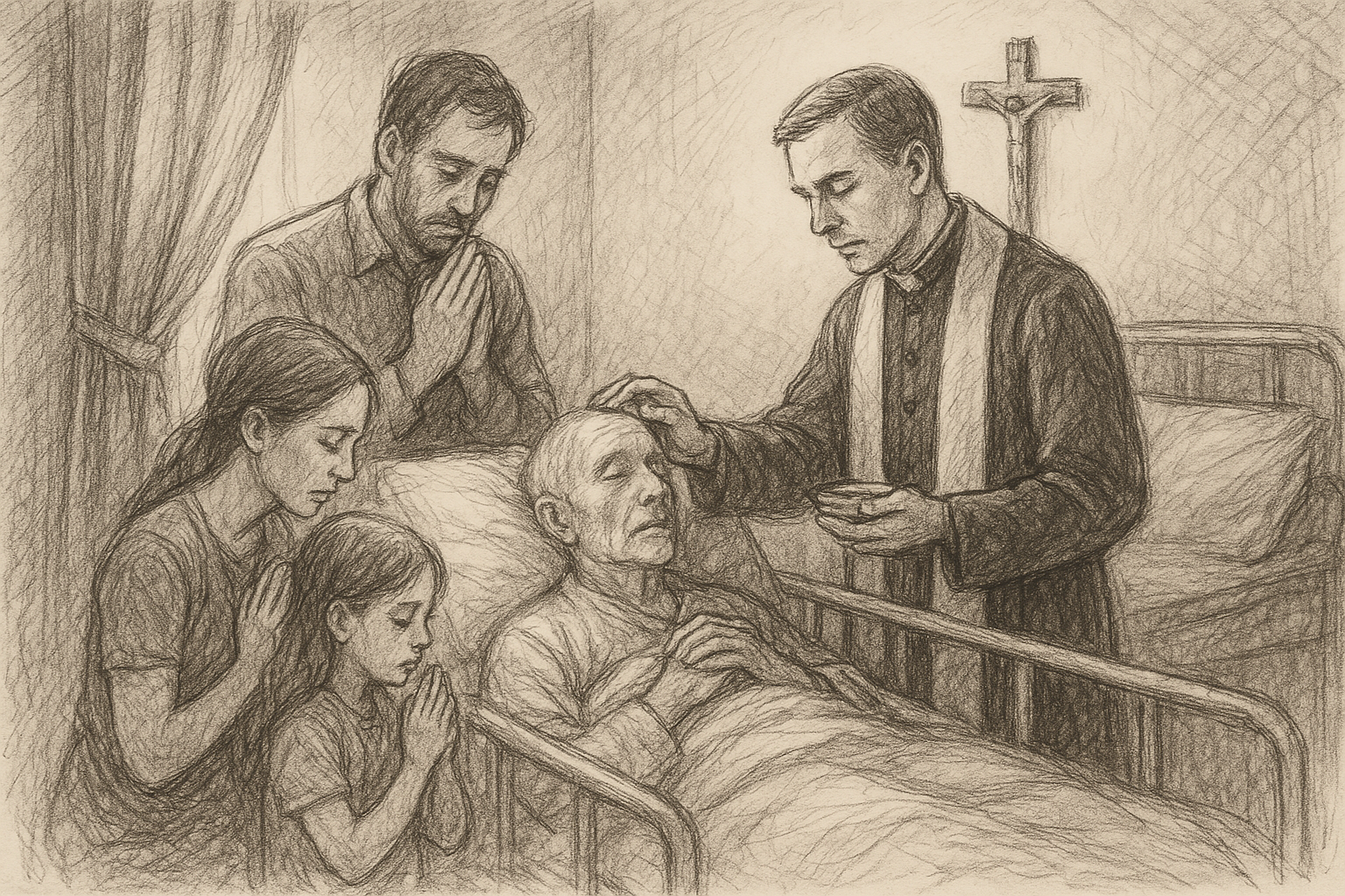 A Catholic family and priest praying beside an elderly patient at the end of life