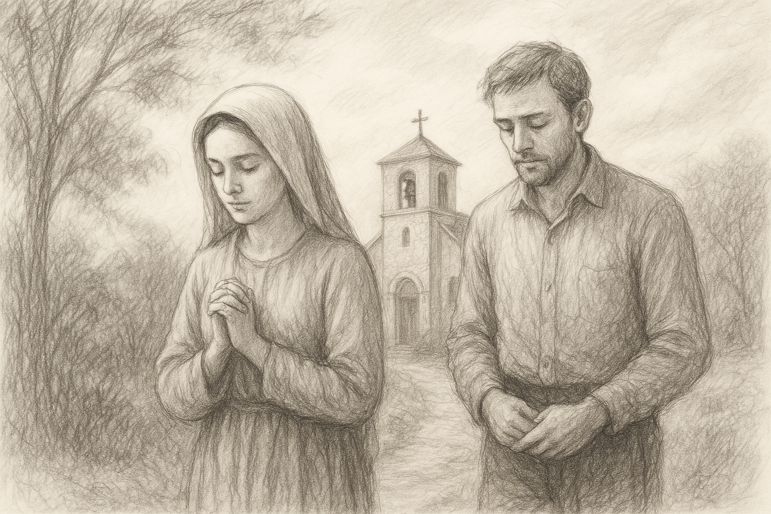 Sketch-style illustration of modestly dressed Catholics walking in quiet dignity near a parish church