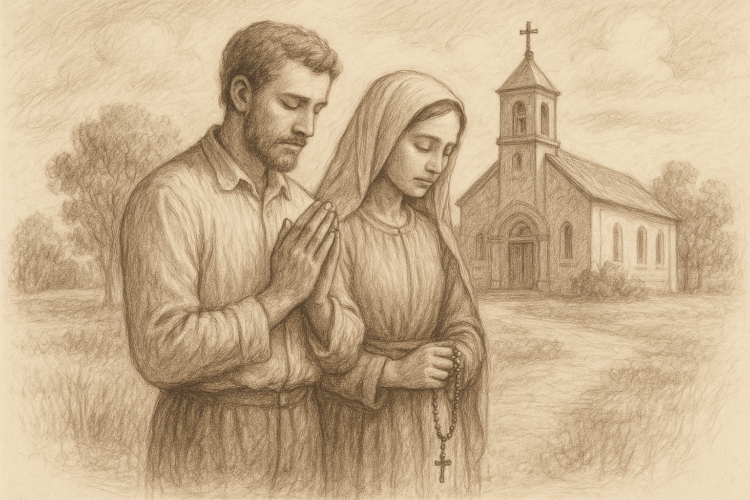 Sketch-style sacred image of modestly dressed Catholics in prayerful, reverent light outside a church