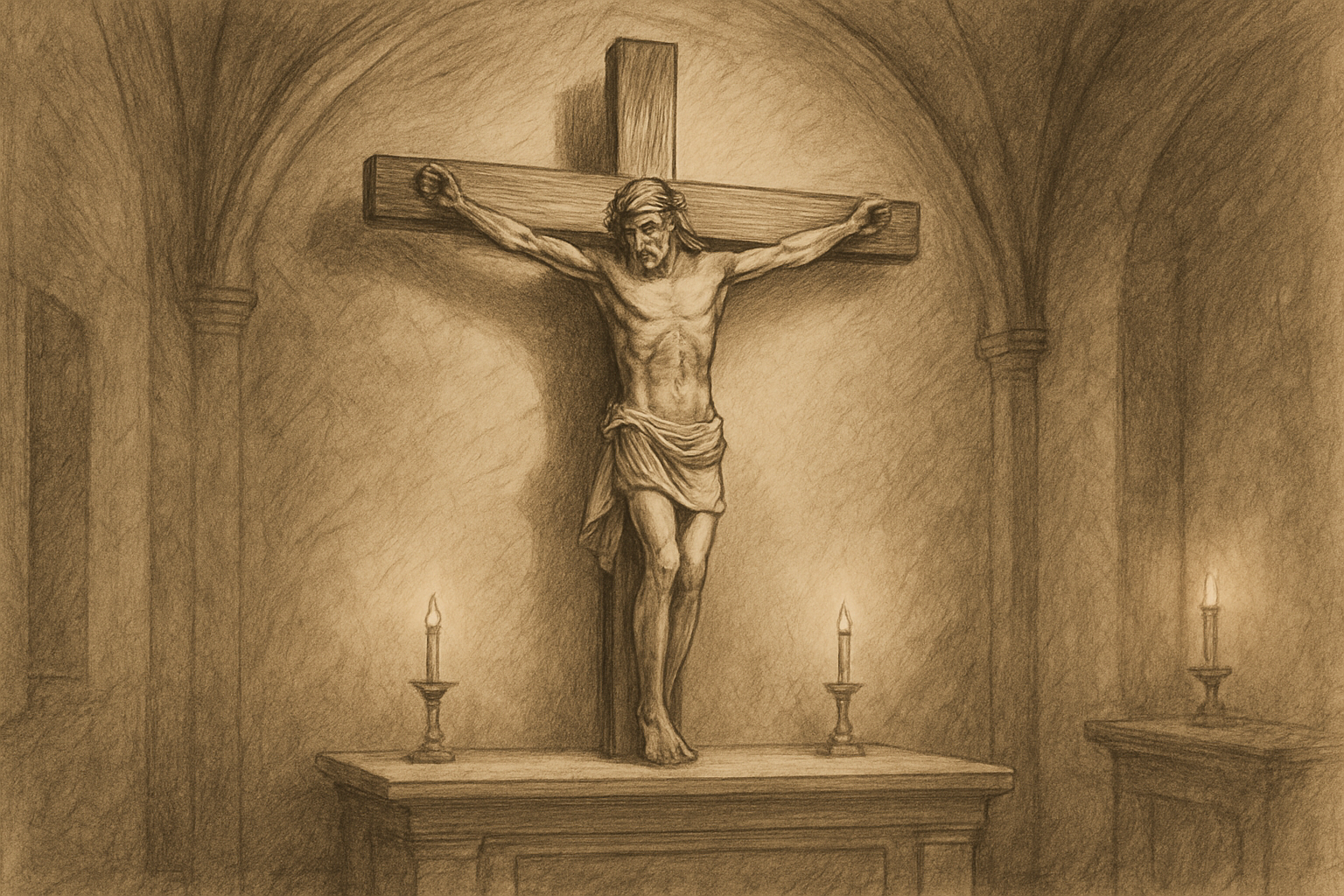 A wooden crucifix in a quiet Catholic chapel with candles and soft sacred light