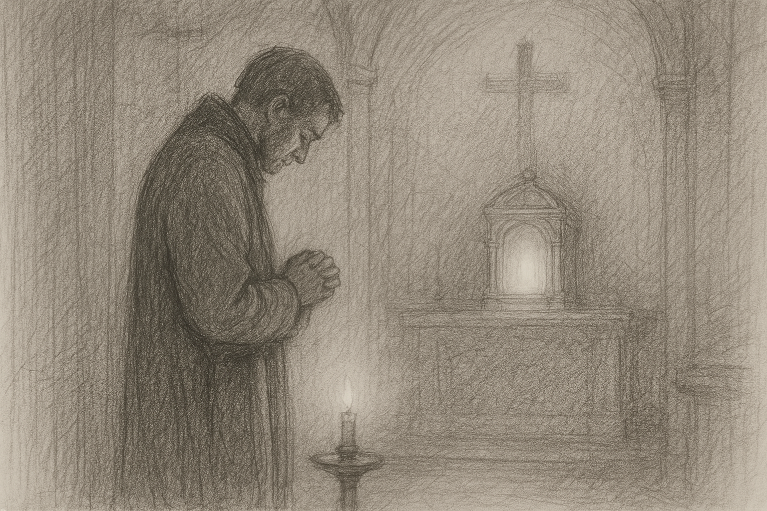 Sketch-style scene of a Catholic praying in a quiet chapel beside a candle, with soft sacred light and a cross in the background