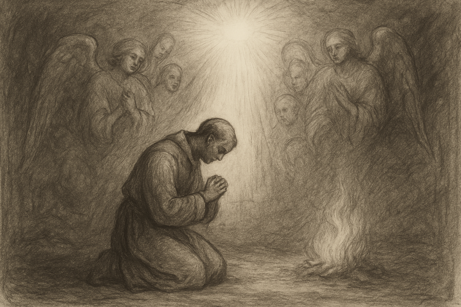 Reverent sketch of a soul being purified in the light of God's mercy