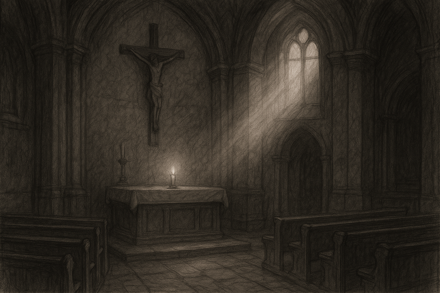 Sketch-style sacred chapel scene with candlelight and a soft symbol of purification and hope