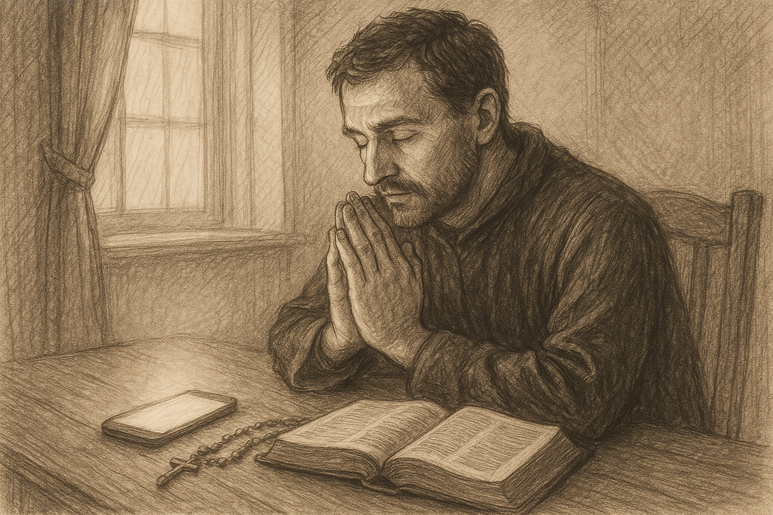 A Catholic person praying beside a phone, a rosary, and an open Bible