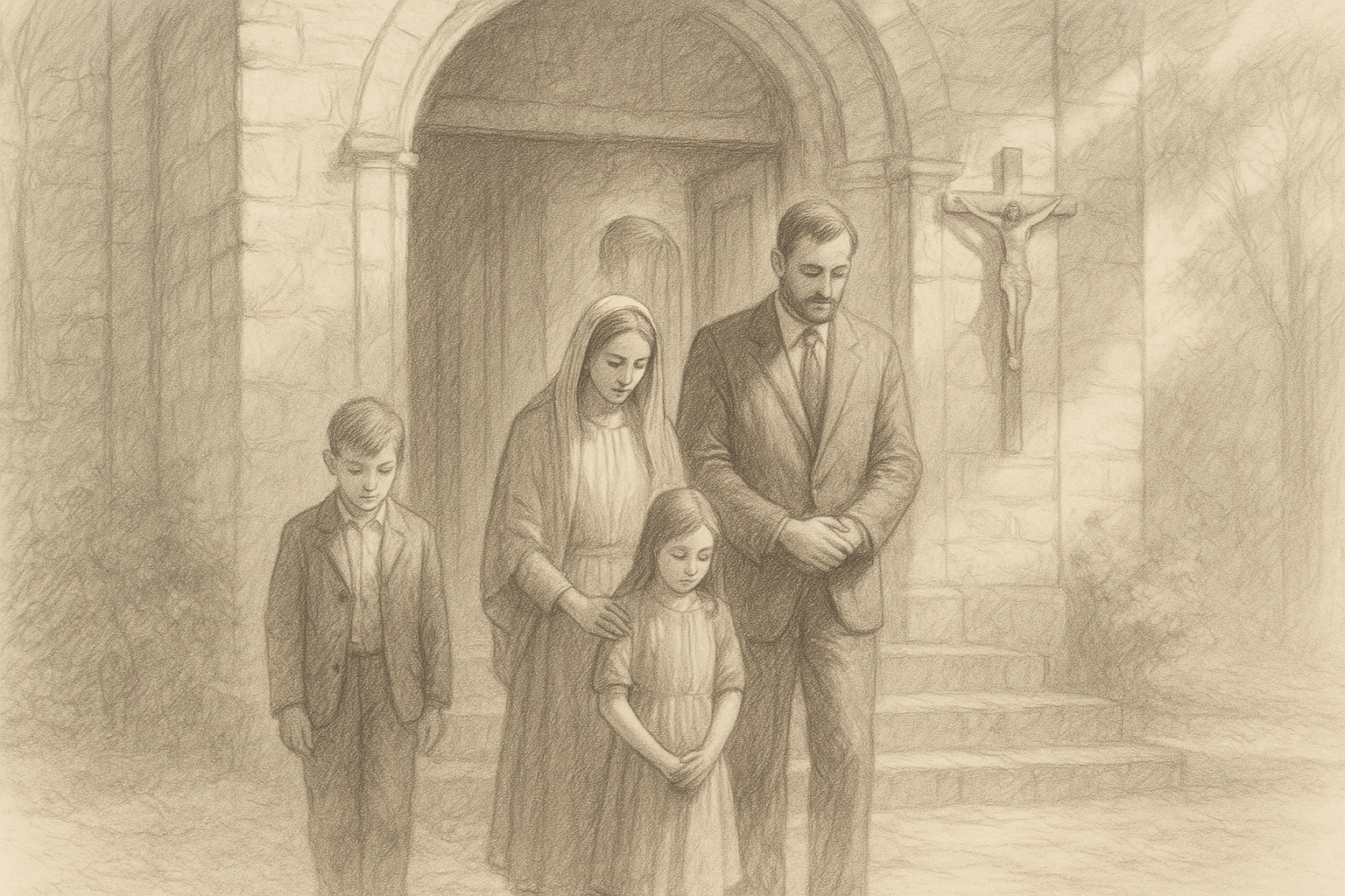 A Catholic family leaving church on Sunday morning in a reverent sketch-style scene