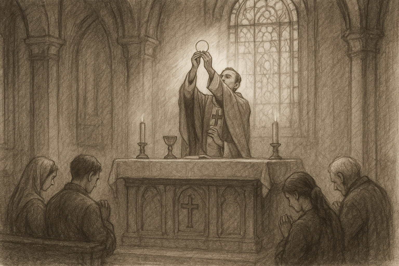 Reverent sketch of a Sunday Catholic Mass with the priest elevating the Eucharist before the faithful