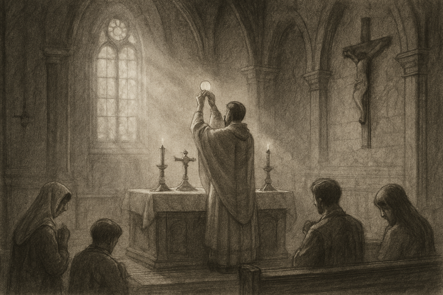 A reverent sketch-style Catholic Sunday Mass with the priest elevating the Eucharist in a quiet church at dawn
