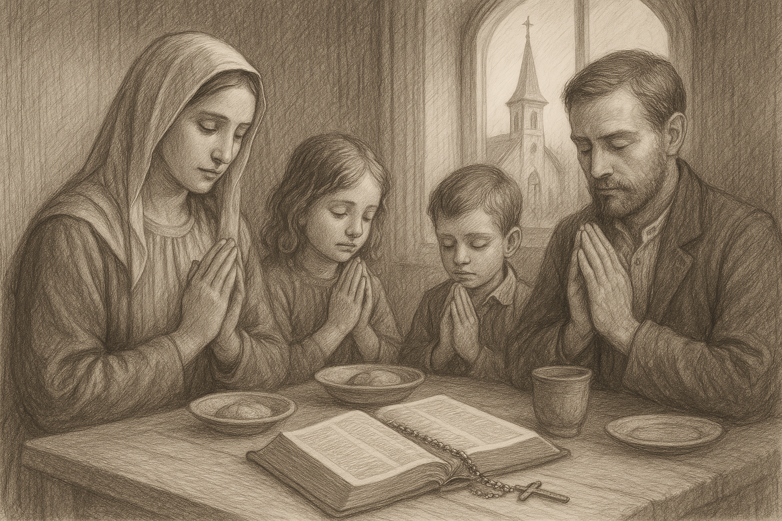 A Catholic family in quiet Sunday rest with an open Bible, rosary, and church in the background