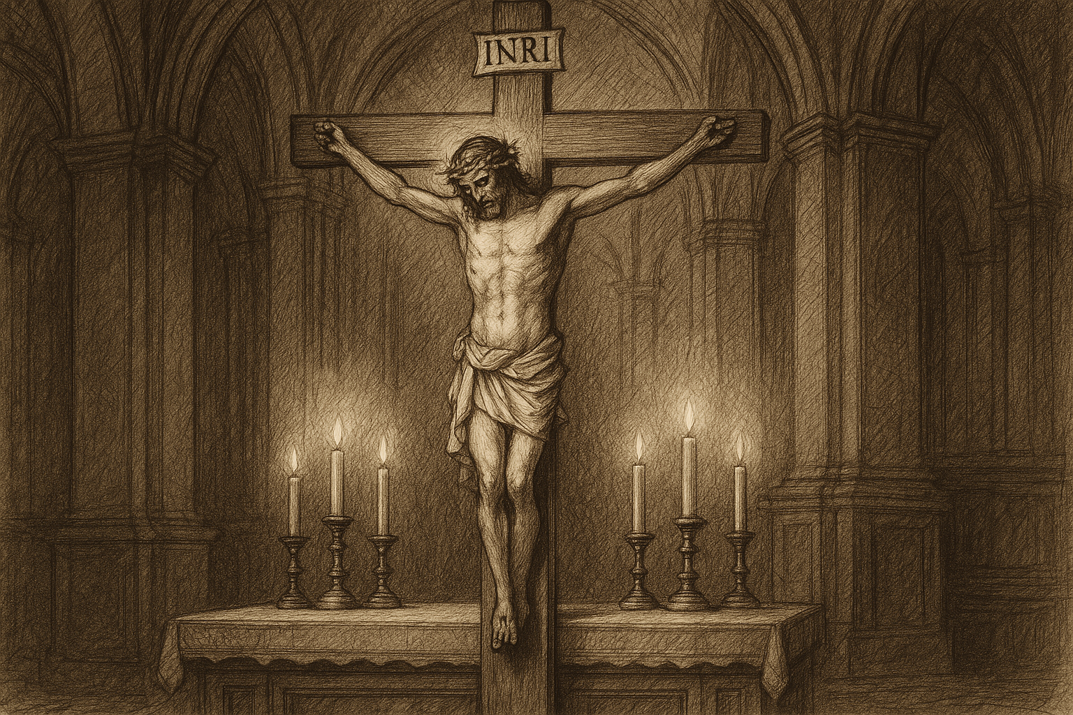 A reverent sketch of a crucifix in a Catholic church with soft candlelight