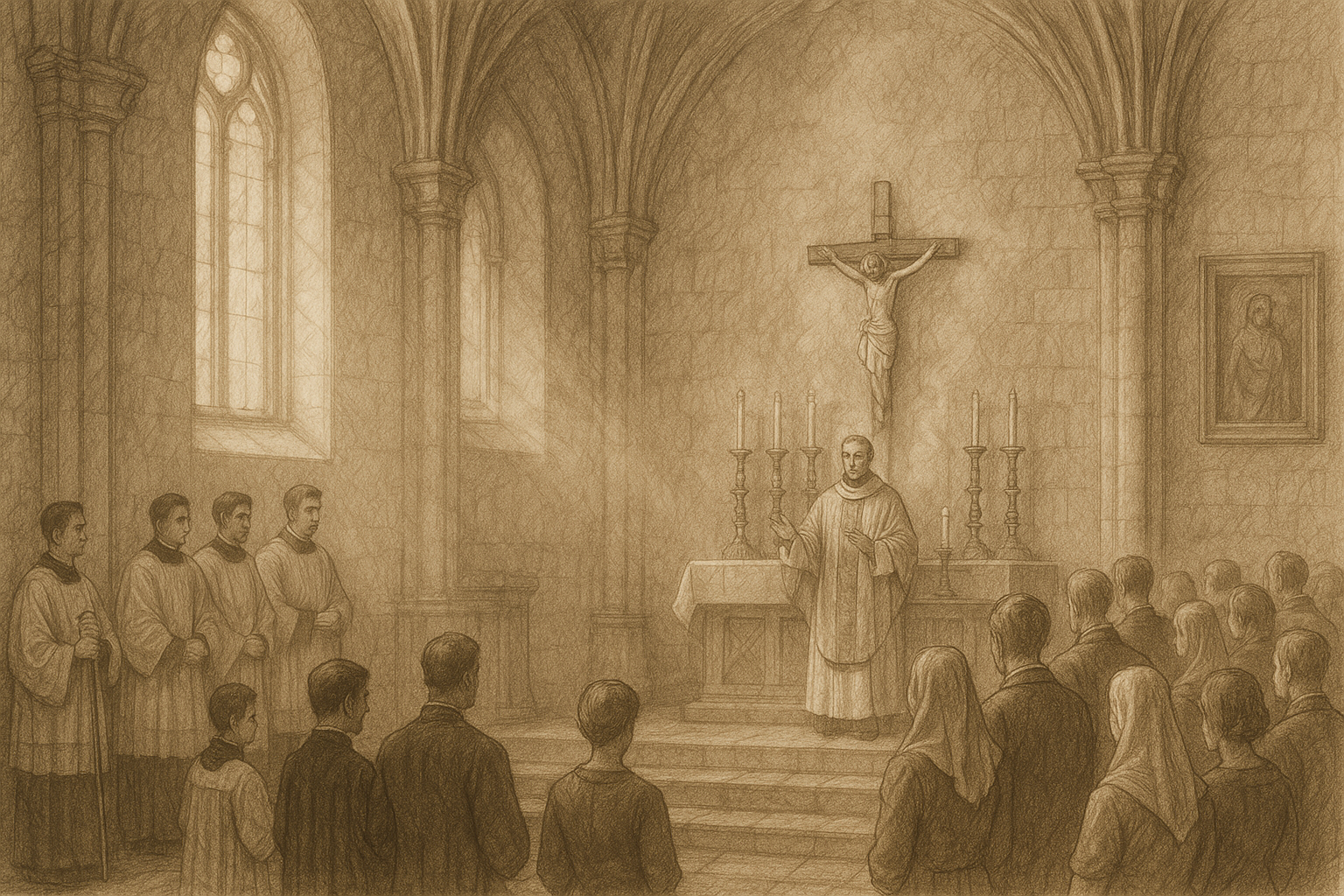 A reverent sketch-style scene of the Catholic Mass beginning in a quiet church