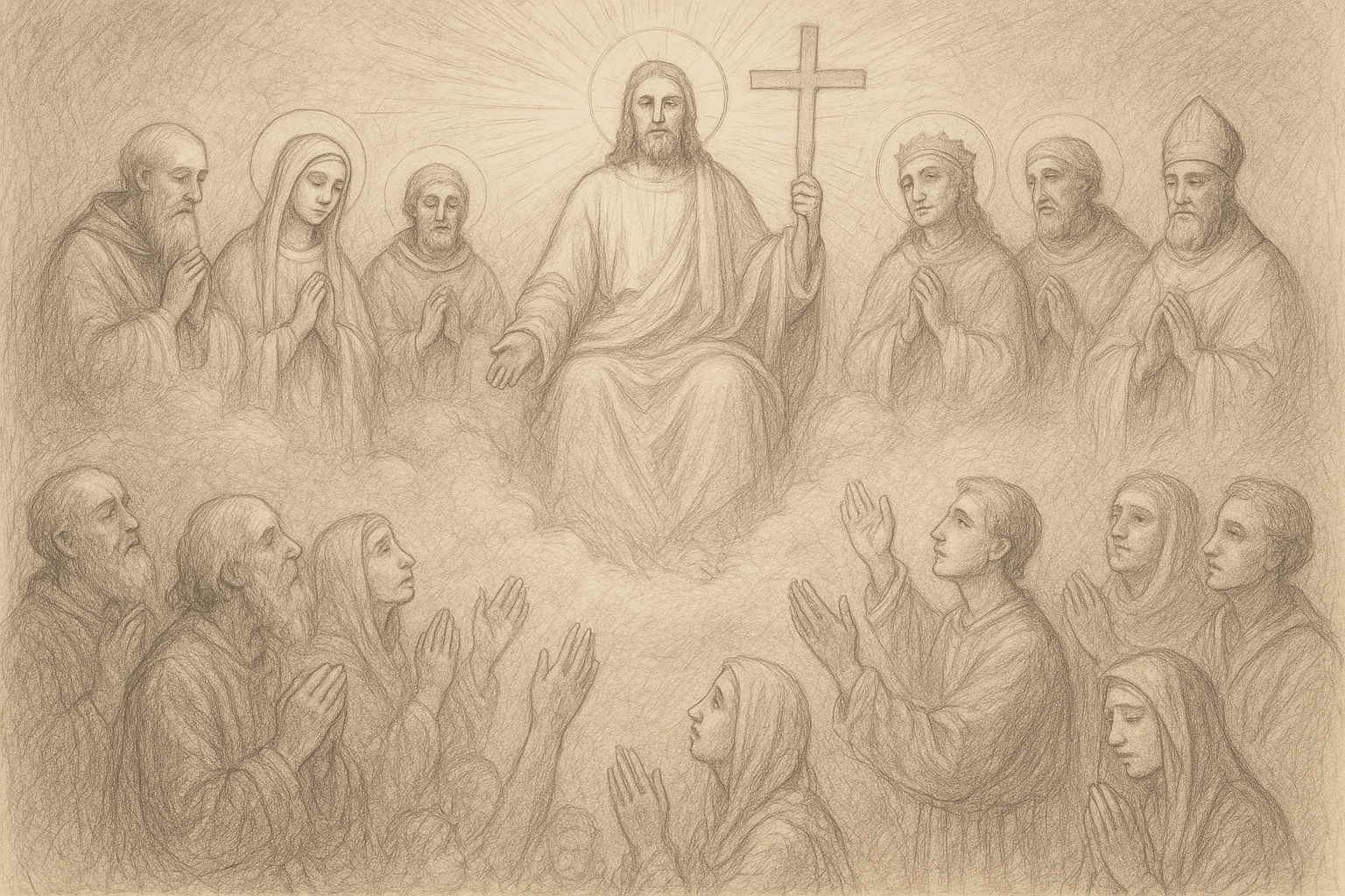 Sketch-style sacred image of Christ with the saints interceding for the faithful on earth