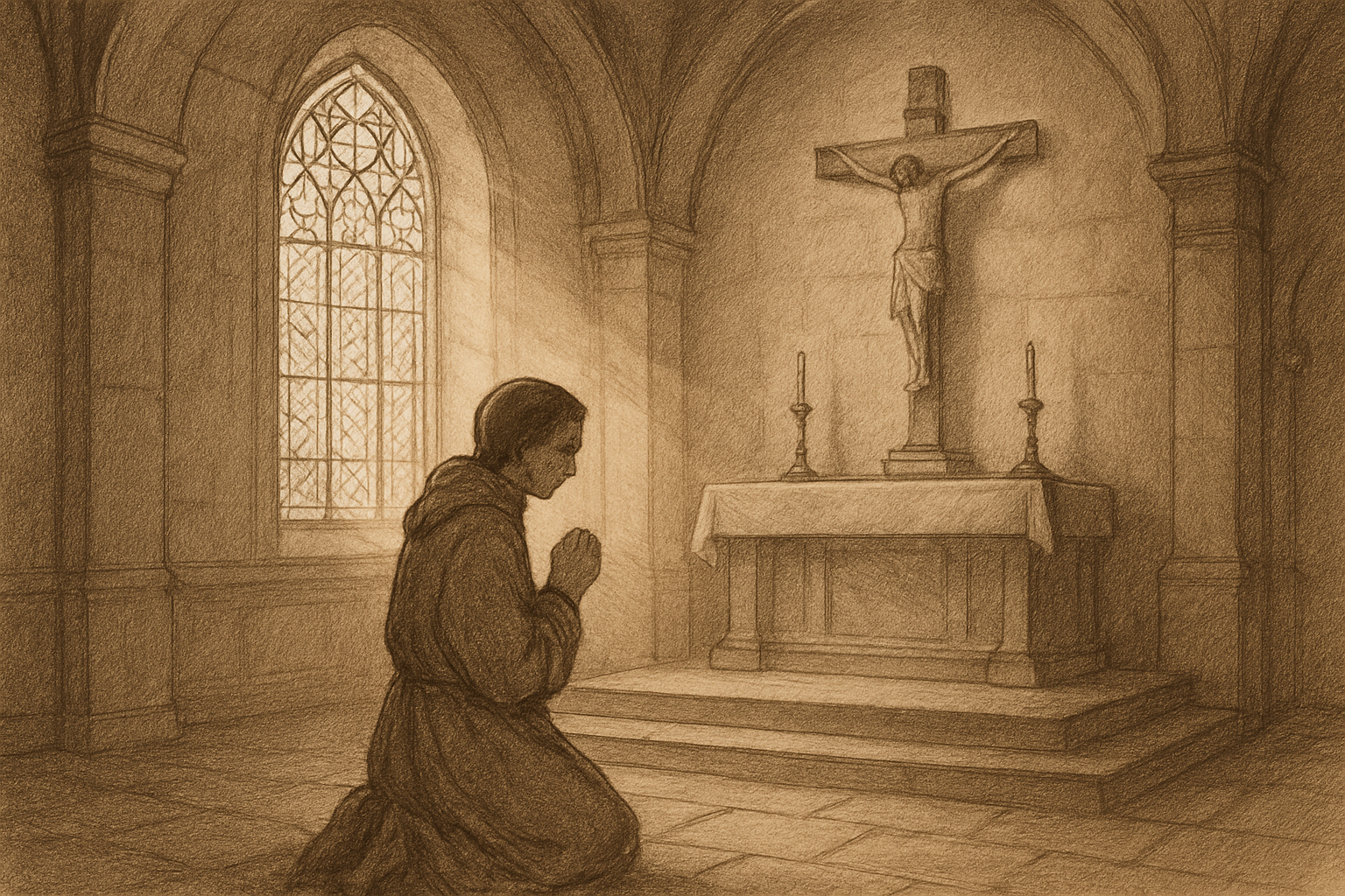 Sketch-style image of a Catholic kneeling in prayer before a crucifix in a quiet chapel