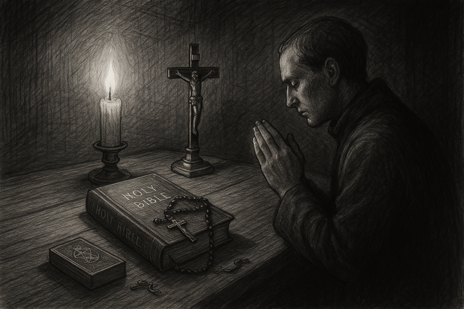 A Catholic kneeling in prayer beside a Bible, rosary, and crucifix, with occult cards left in the shadows.