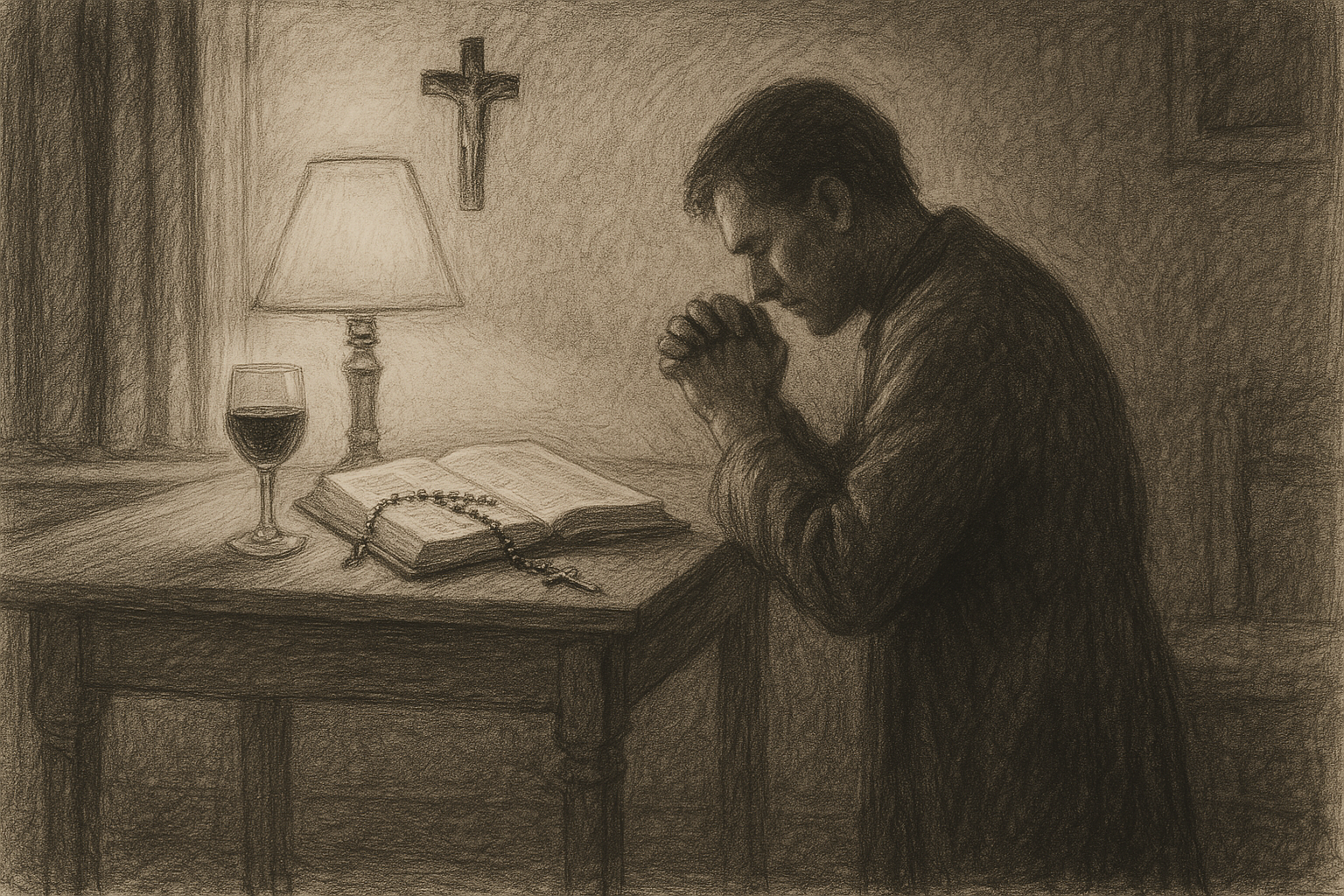 A reverent sketch-style Catholic scene of prayer, a Bible, a rosary, and a glass of wine on a quiet table