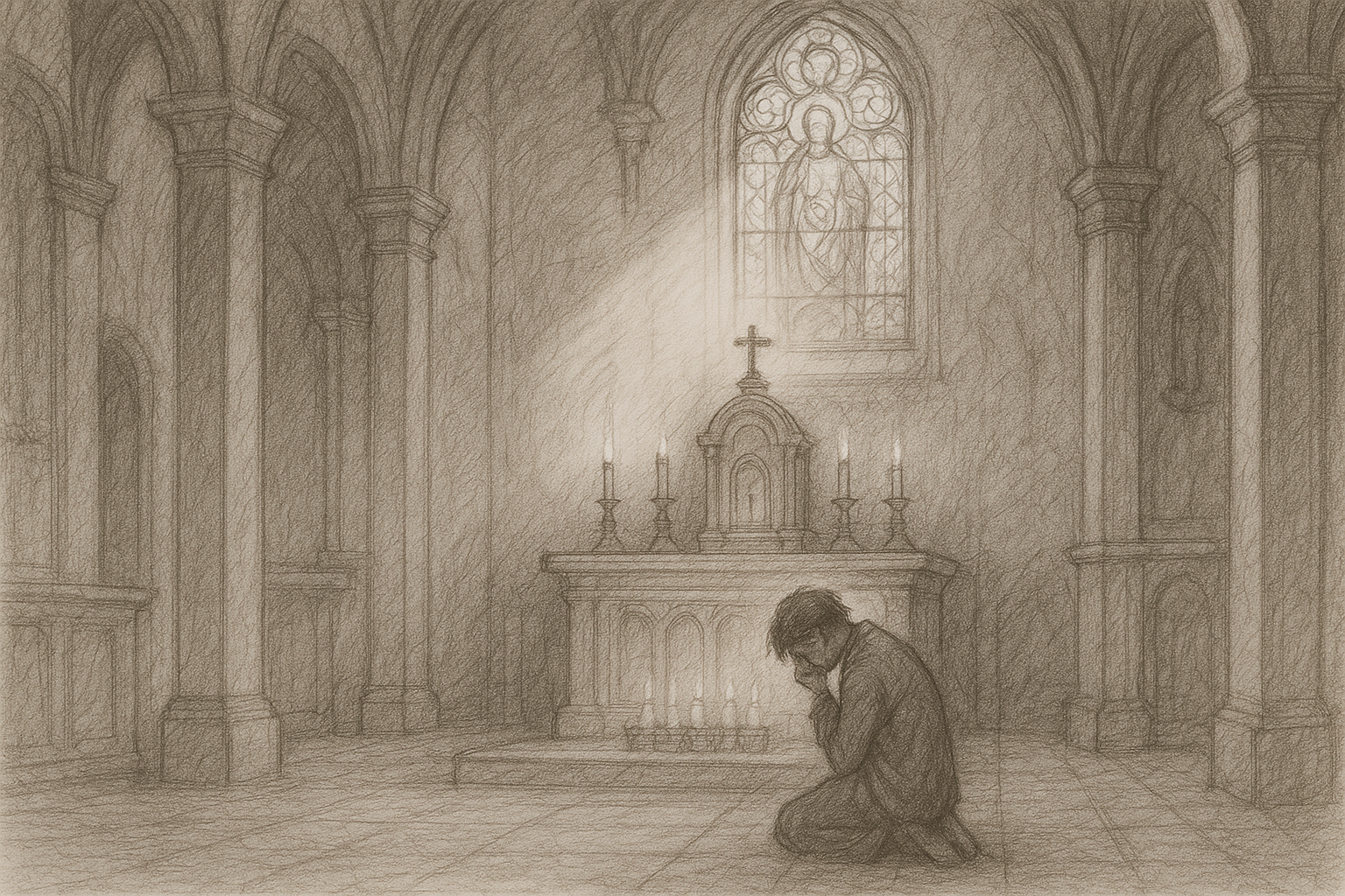A kneeling person in a quiet Catholic church, lit by a gentle shaft of light from above.