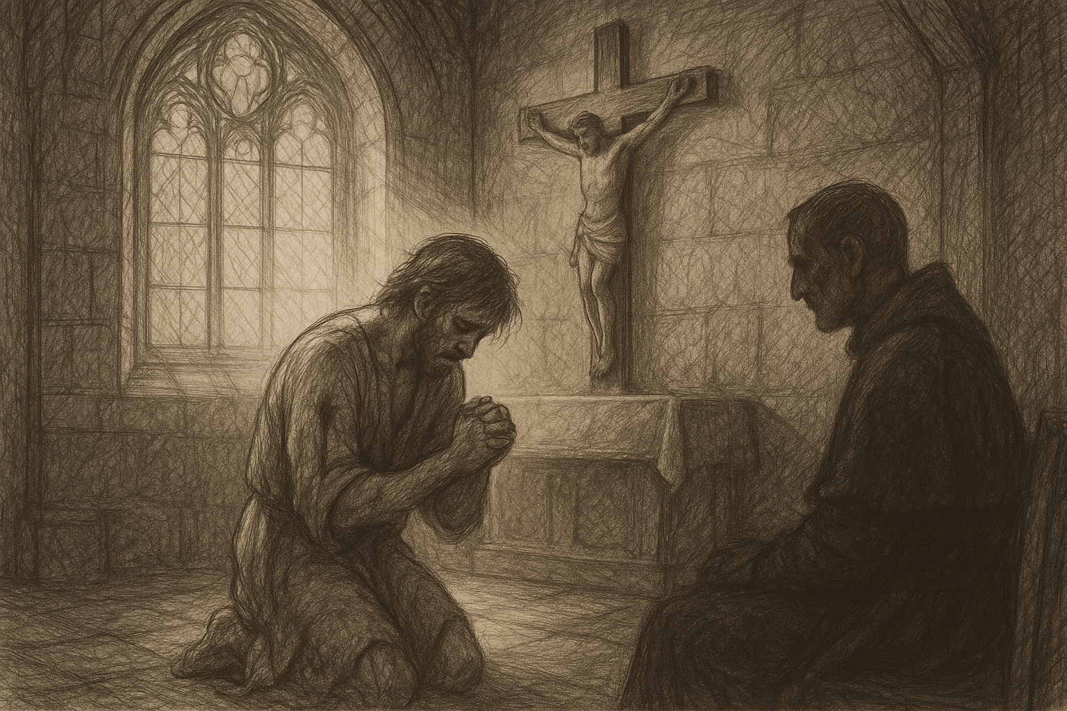 A reverent sketch of a wounded person praying before a crucifix in a quiet chapel