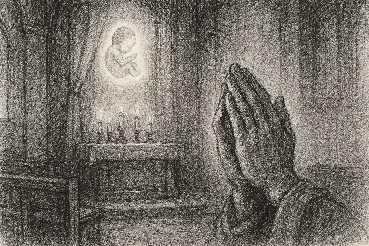 A reverent sketch-style image of prayer, light, and the dignity of unborn life in a church setting