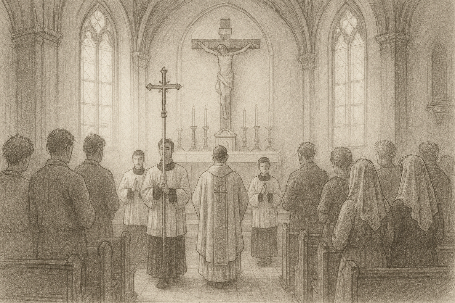 Sketch of the opening procession and prayer at a Catholic Mass