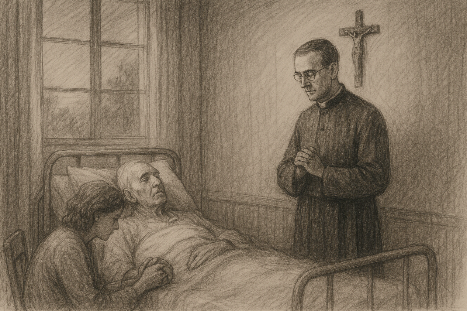 Sketch-style illustration of a priest praying with a dying patient and family in a Catholic hospital room